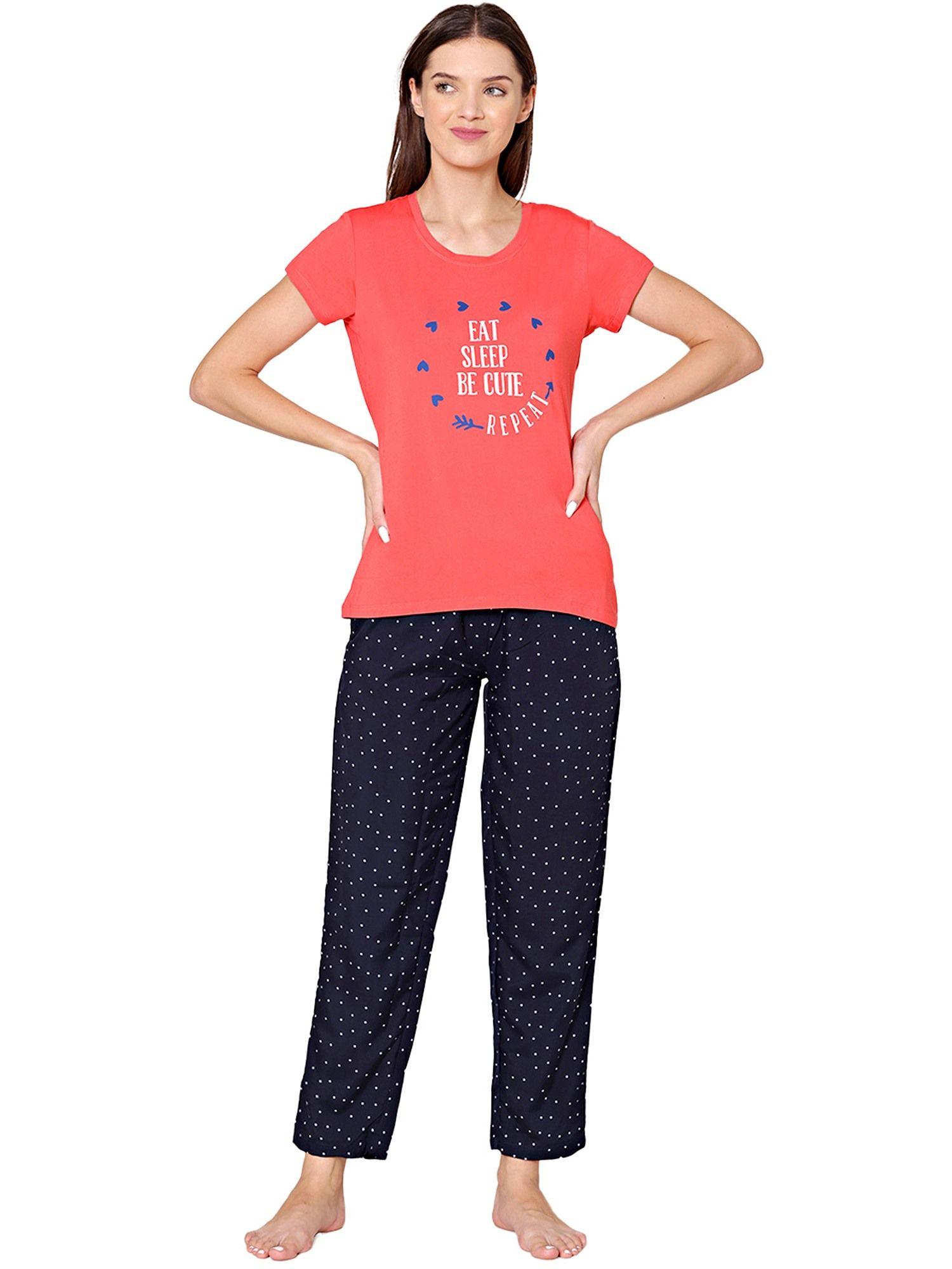 womens modal spandex printed t-shirt & pyjama bsls15009 pink (set of 2)