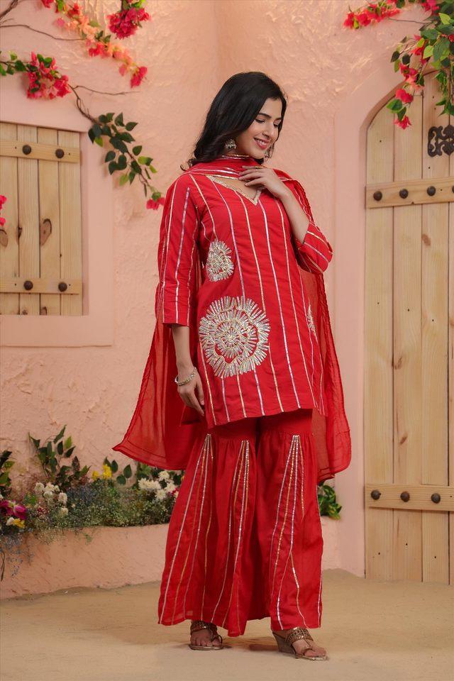 womens mulmul gota work kurta sharara and dupatta set