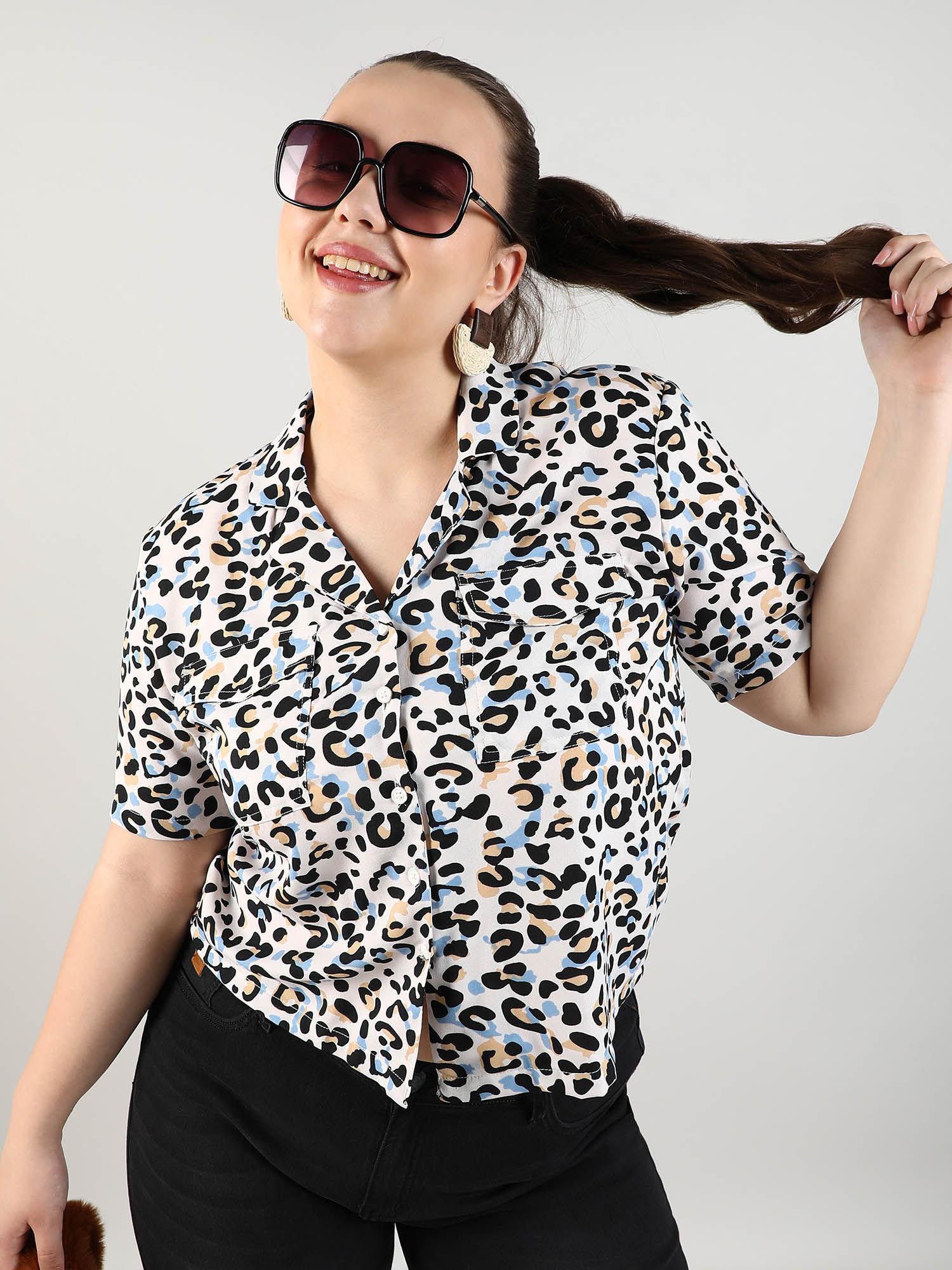 womens multi-color animal print crop shirt