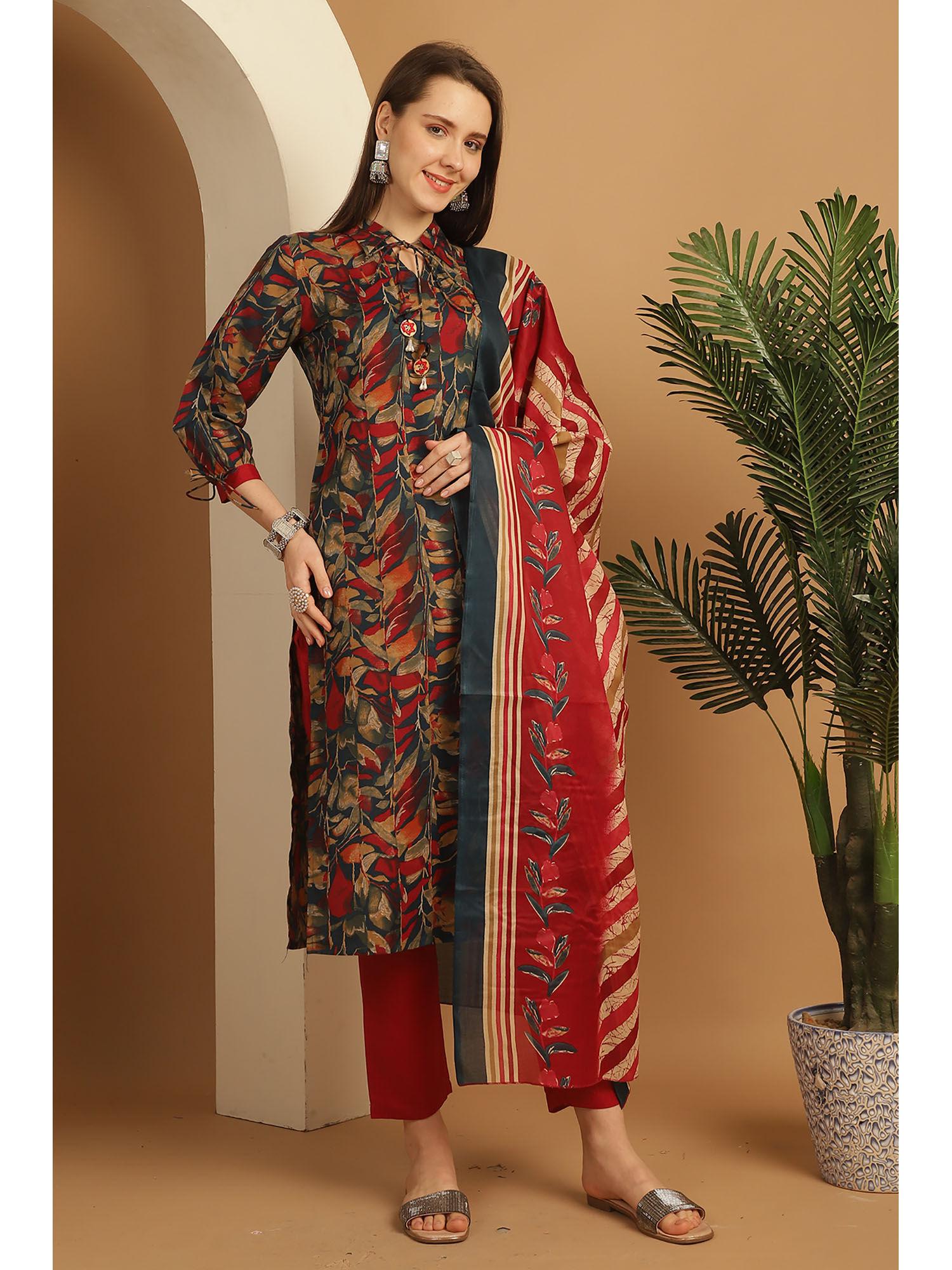 womens multi-color cotton blend digital print kurta pant with dupatta (set of 3)