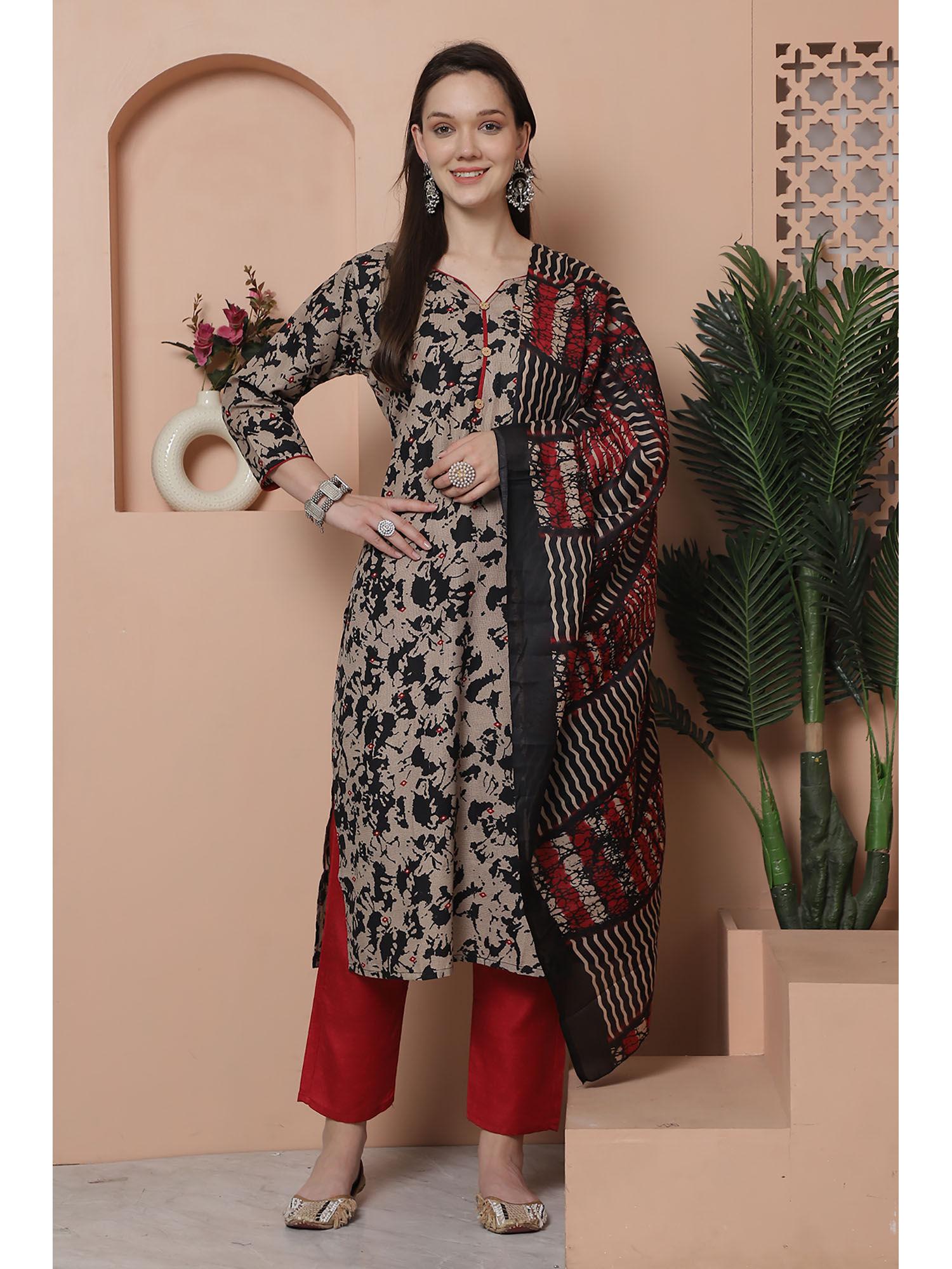 womens multi-color cotton blend printed kurta pant with dupatta (set of 3)