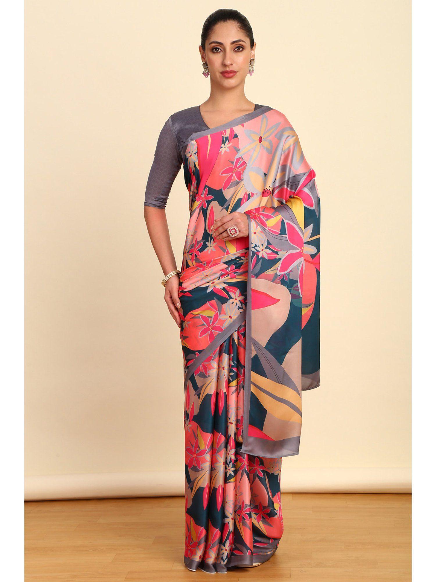 womens multi-color crepe floral print saree with unstitched blouse