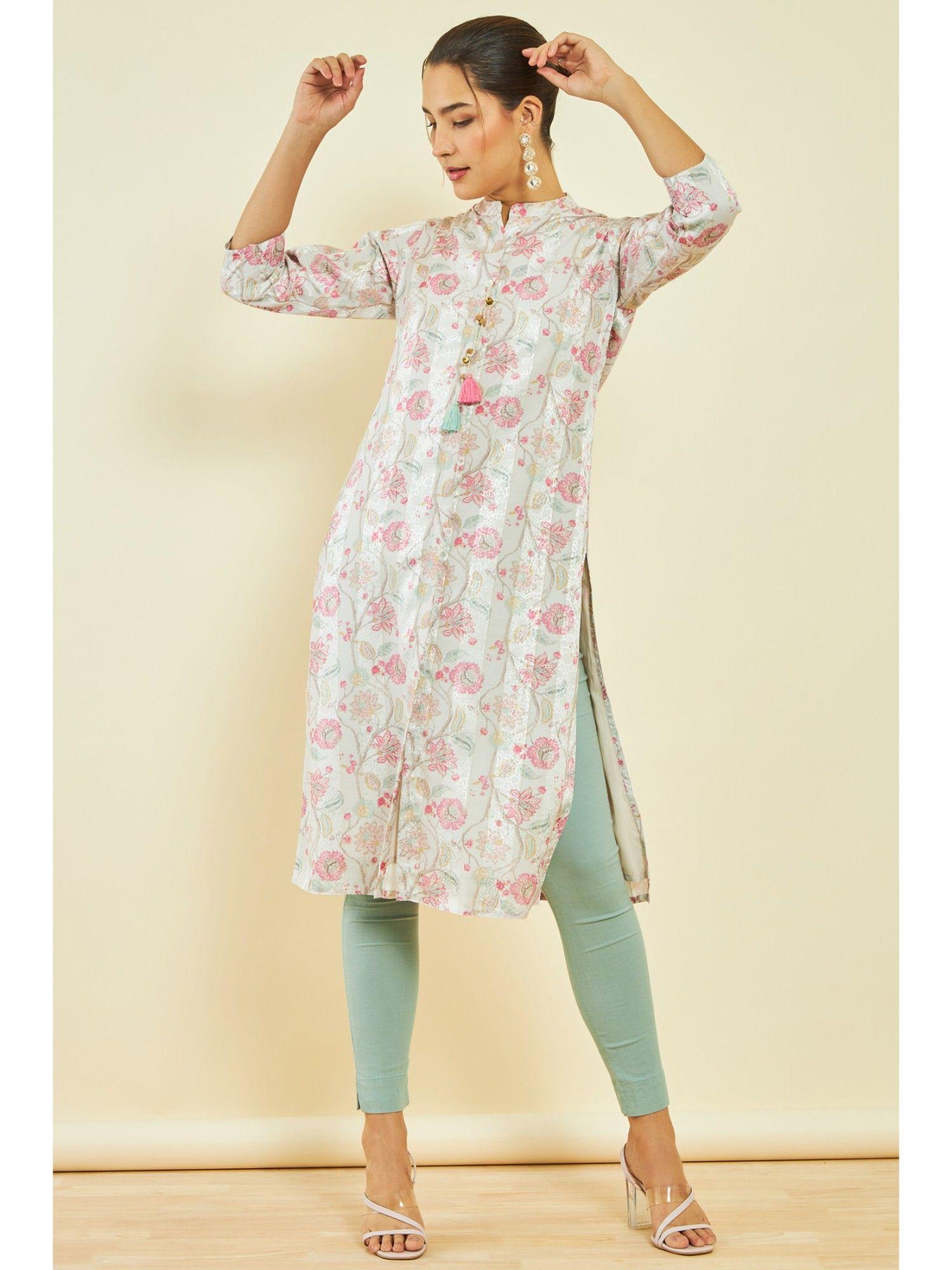 womens multi-color muslin floral print kurta with tassels