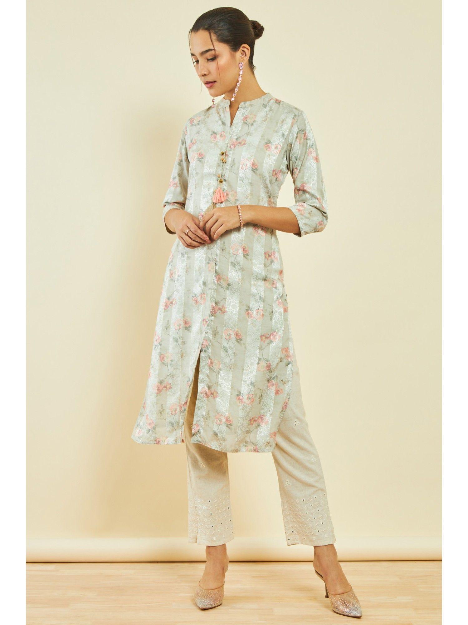 womens multi-color muslin floral print kurta with tassels