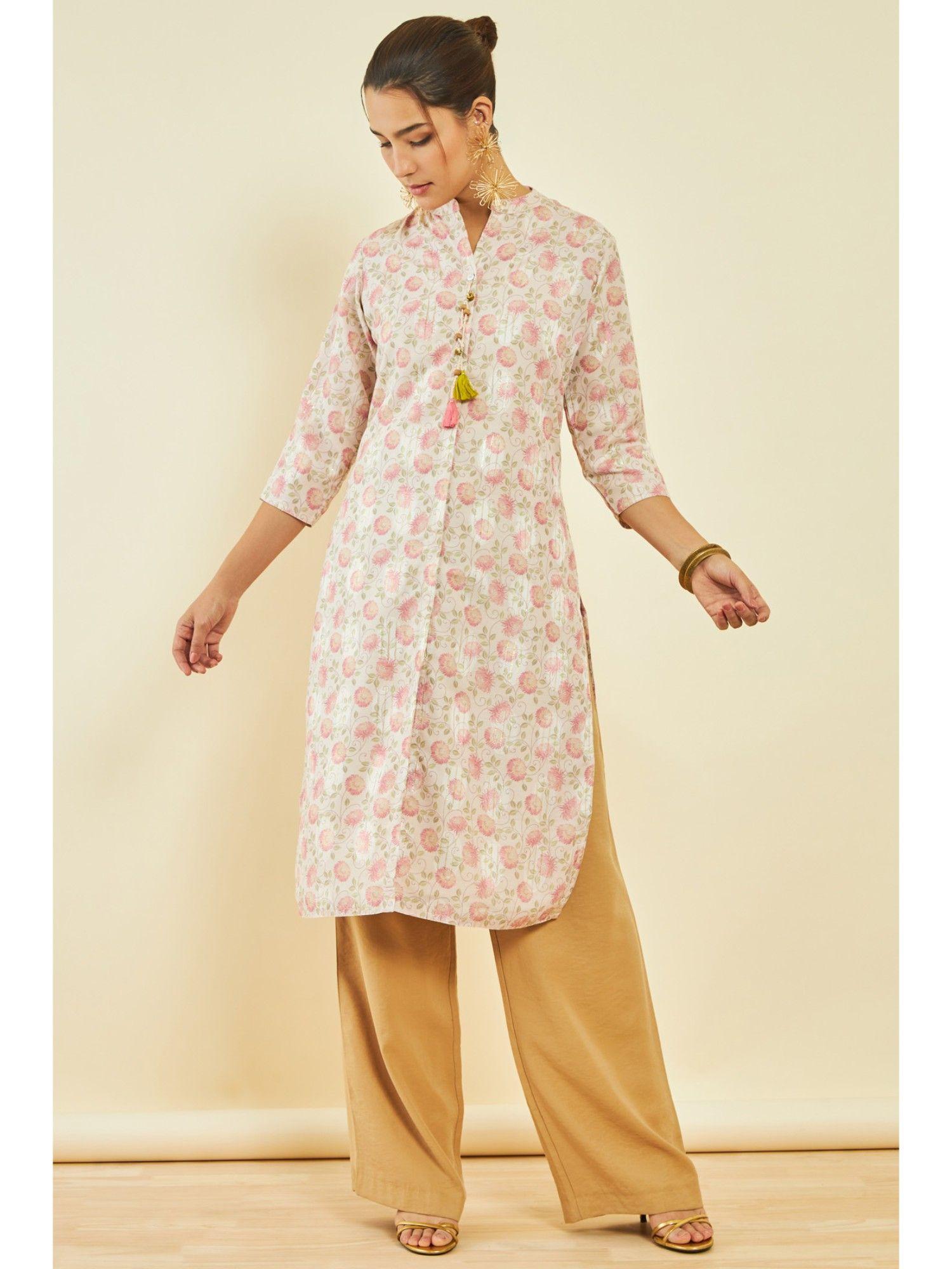 womens multi-color muslin floral print kurta with tassels