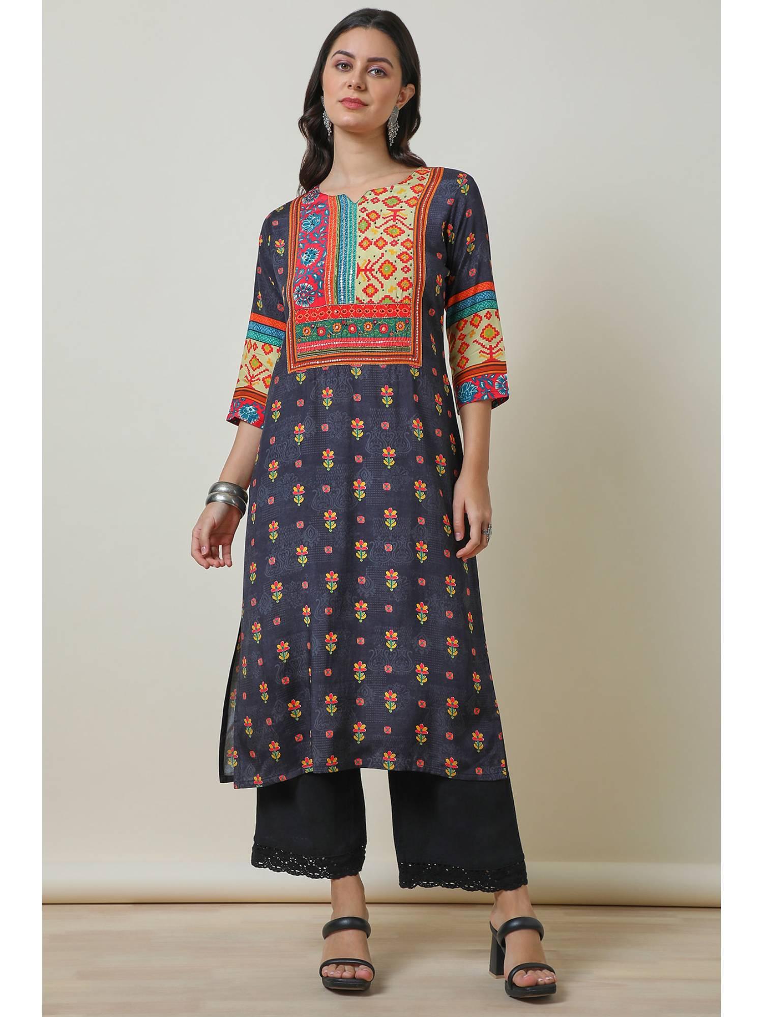 womens multi-color viscose floral- sequined kurta