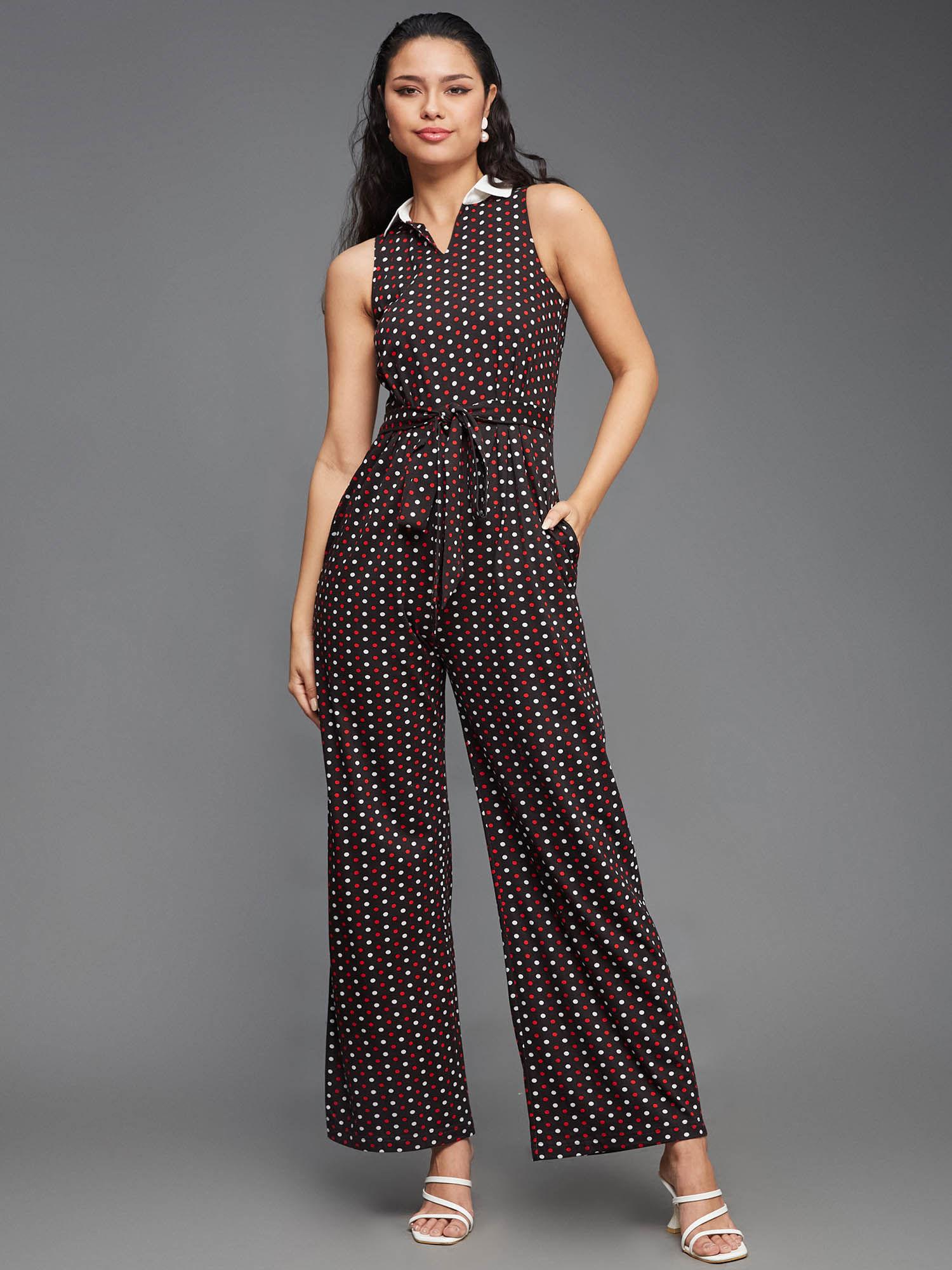 womens multi-coloured shirt collar polka dot waist regular-length jumpsuit