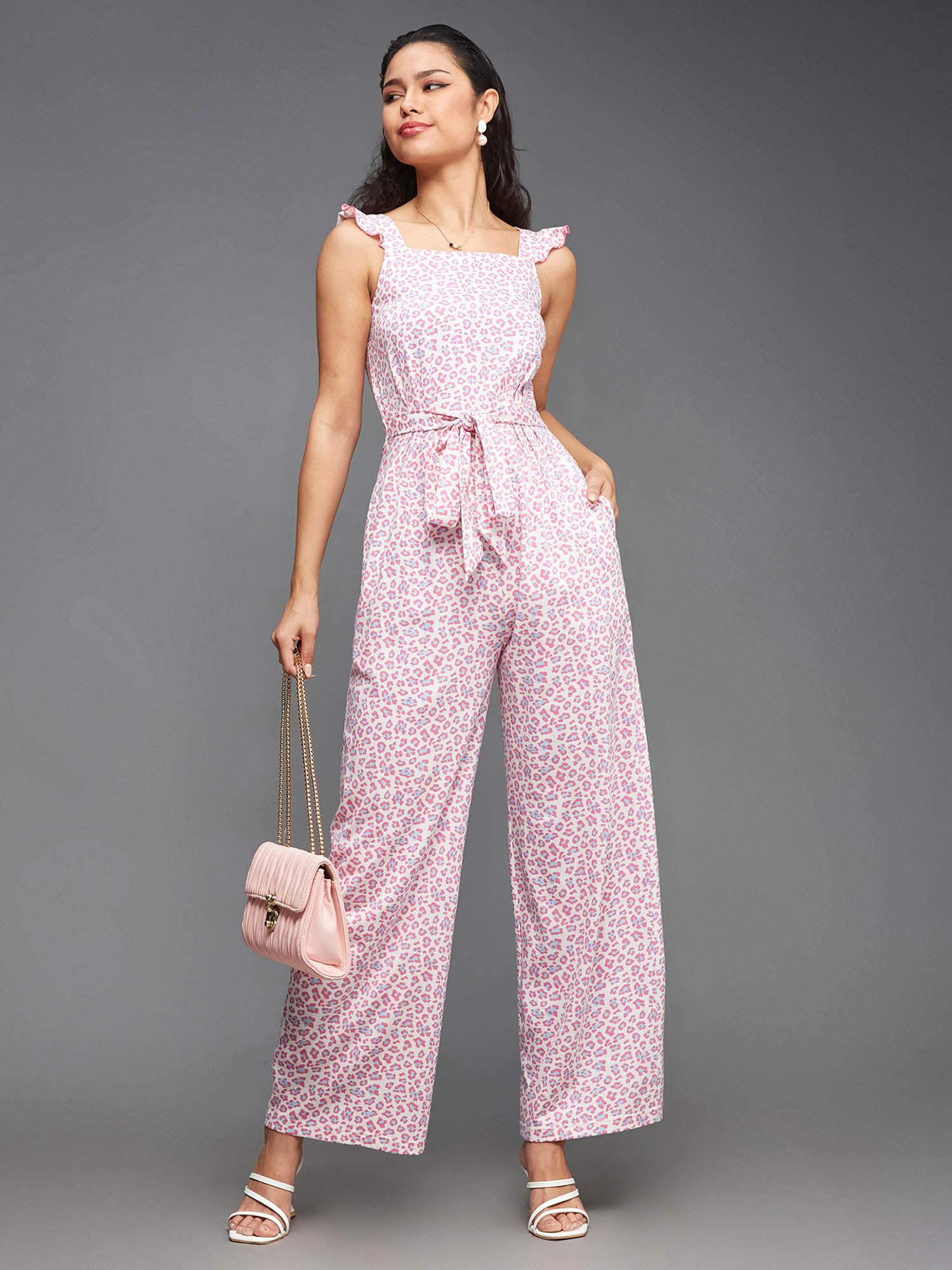 womens multi-coloured square neck animal-patterned cotton regular jumpsuit