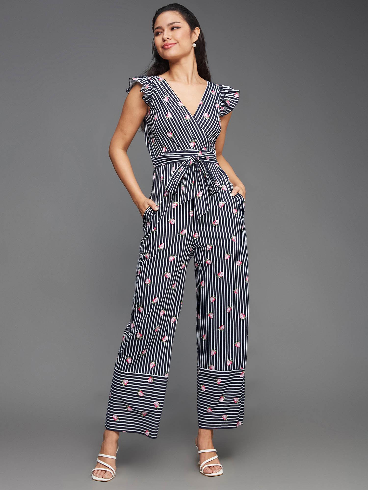 womens multi-coloured v-neck striped pure cotton regular-length jumpsuit