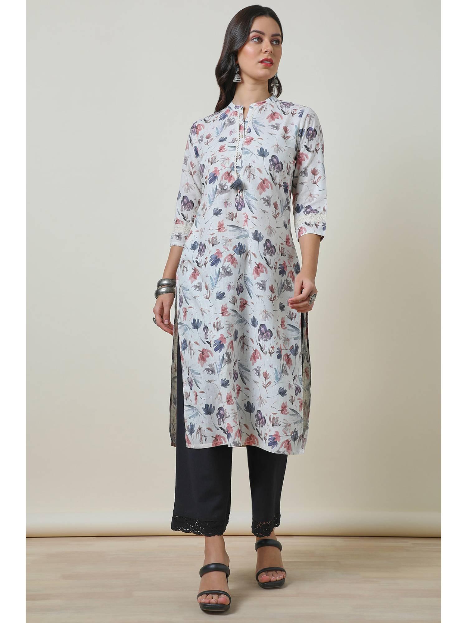 womens multi linen blend floral print kurta with tassels