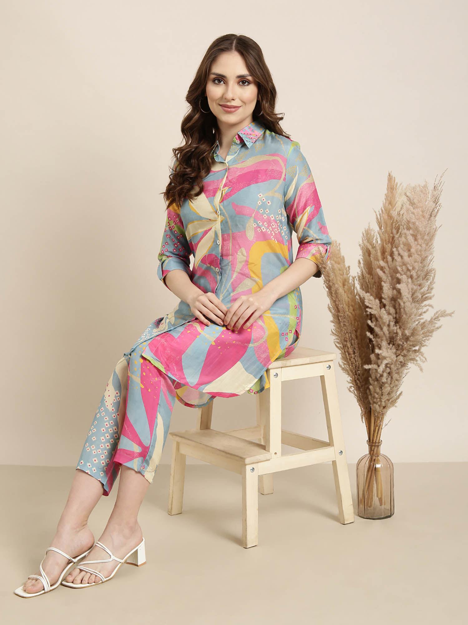 womens multicolor printed tunic & trousers (set of 2)