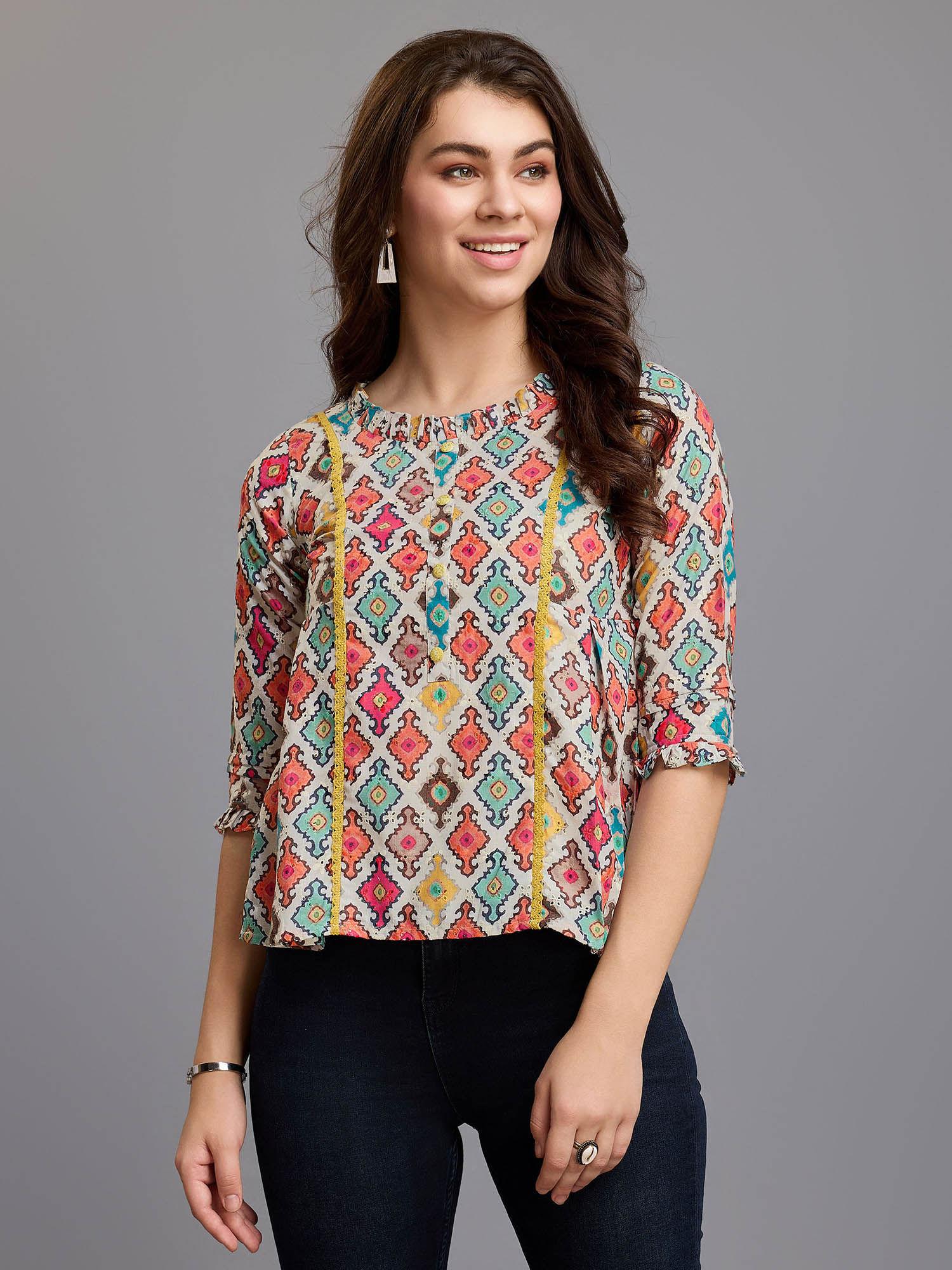 womens multicolor pure cotton blend bored schiffli embroidered a-line top