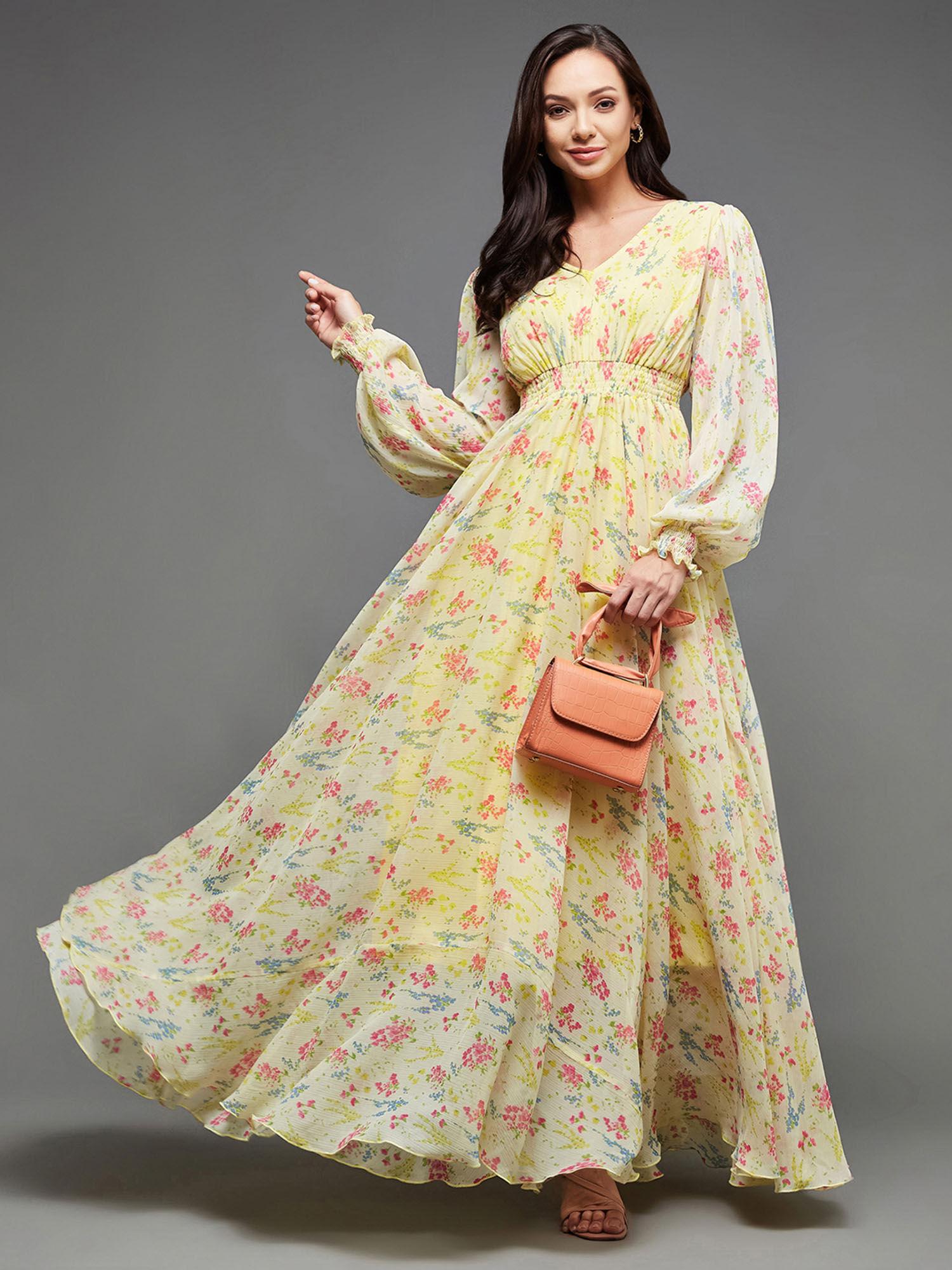 womens multicolored-base-lime yellow v-neck bishop sleeve floral maxi dress