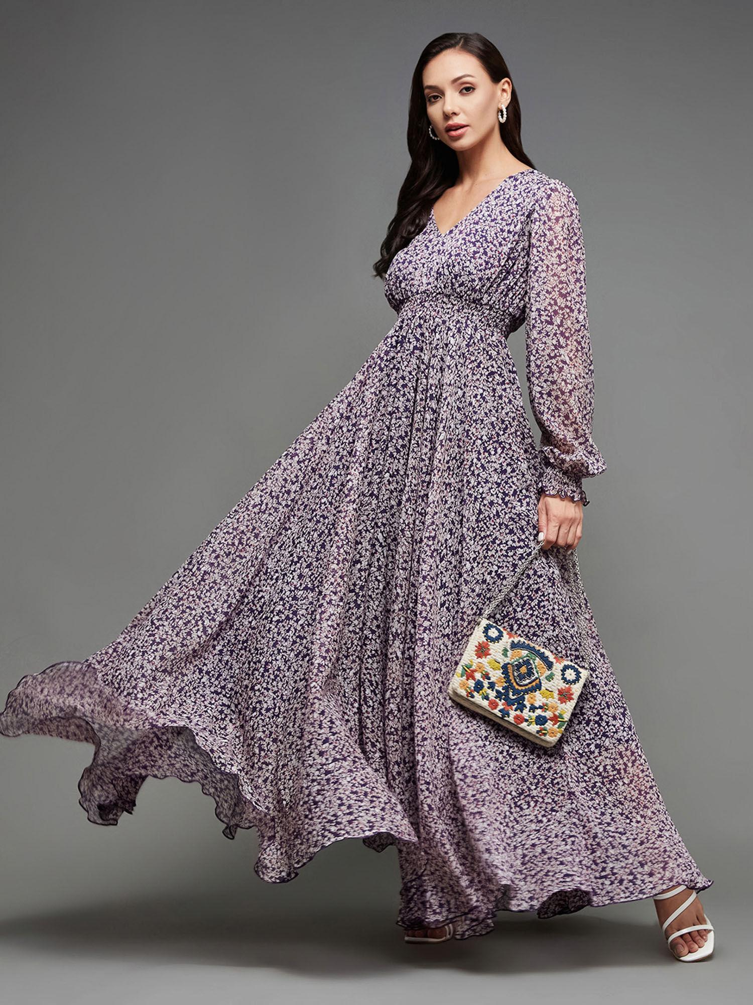 womens multicolored-base-purple v-neck bishop sleeve floral chiffon maxi dress