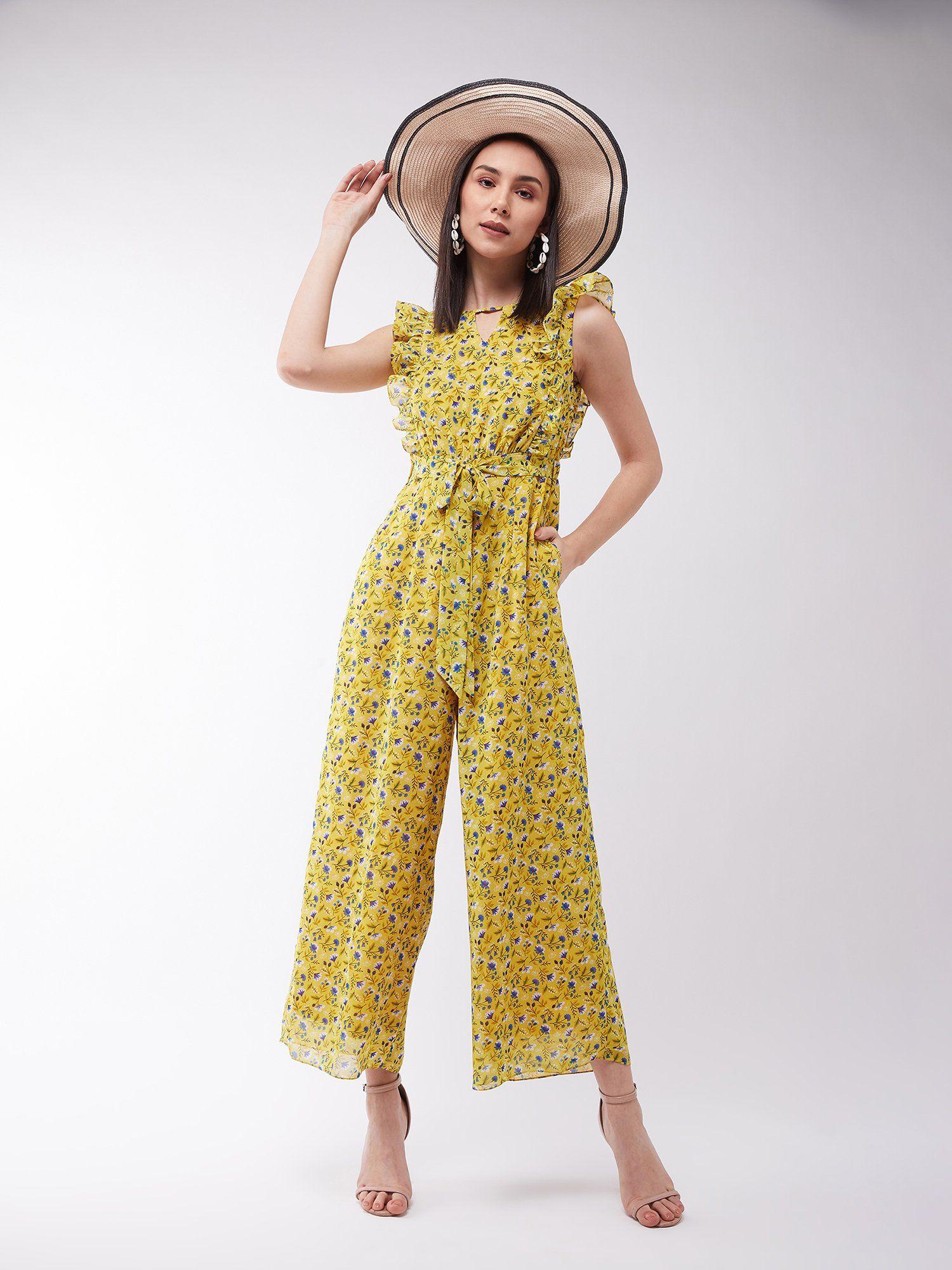 womens multicolored base yellow round neck sleeveless floral wide leg jumpsuit