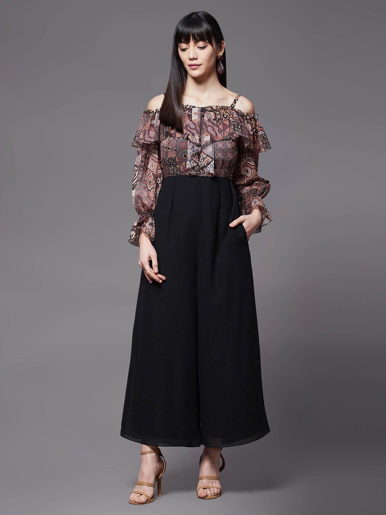 womens multicolored ruffled sleeve printed frilled jumpsuit