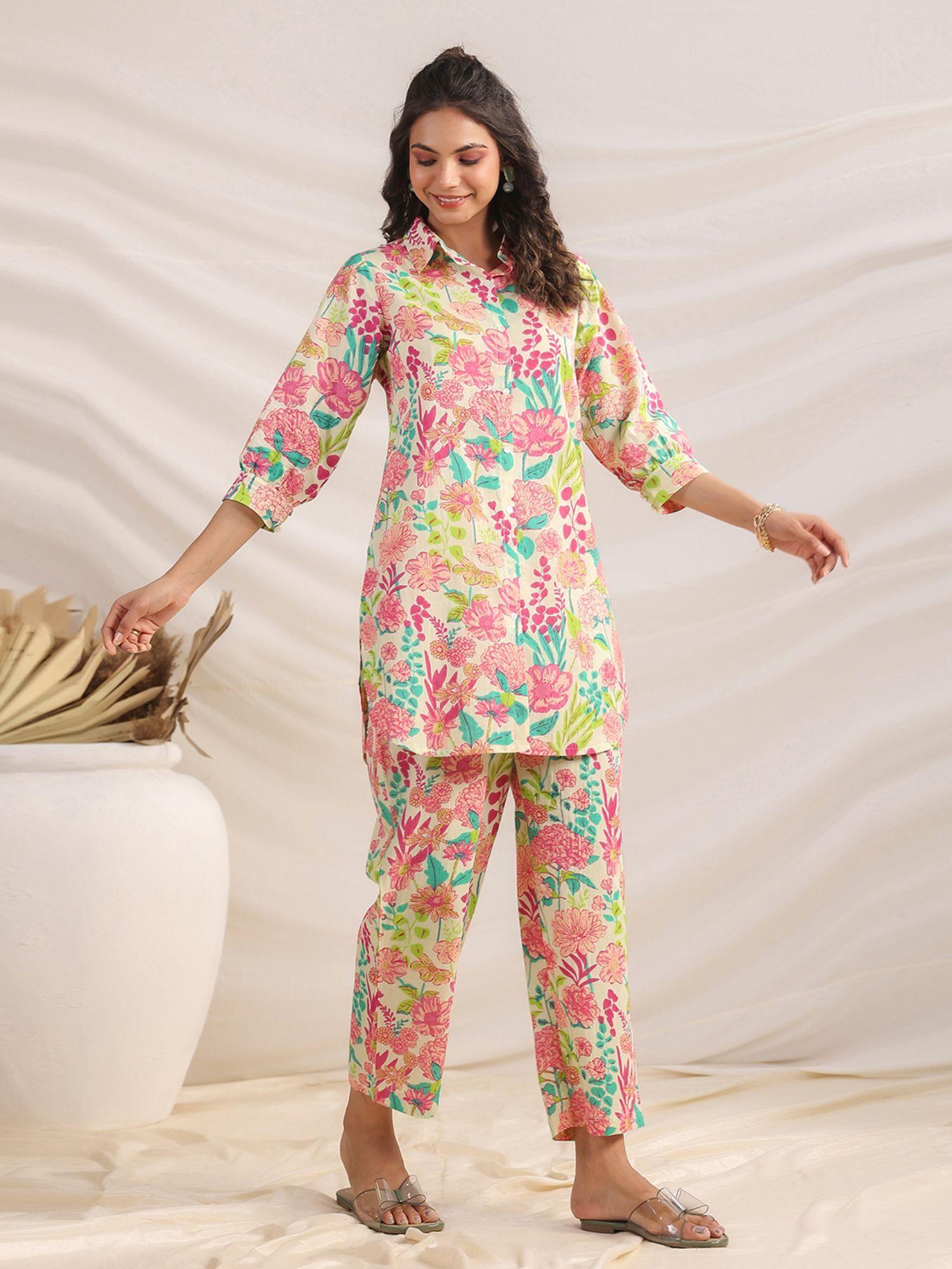 womens multicolour cotton floral regular co-ord (set of 2)
