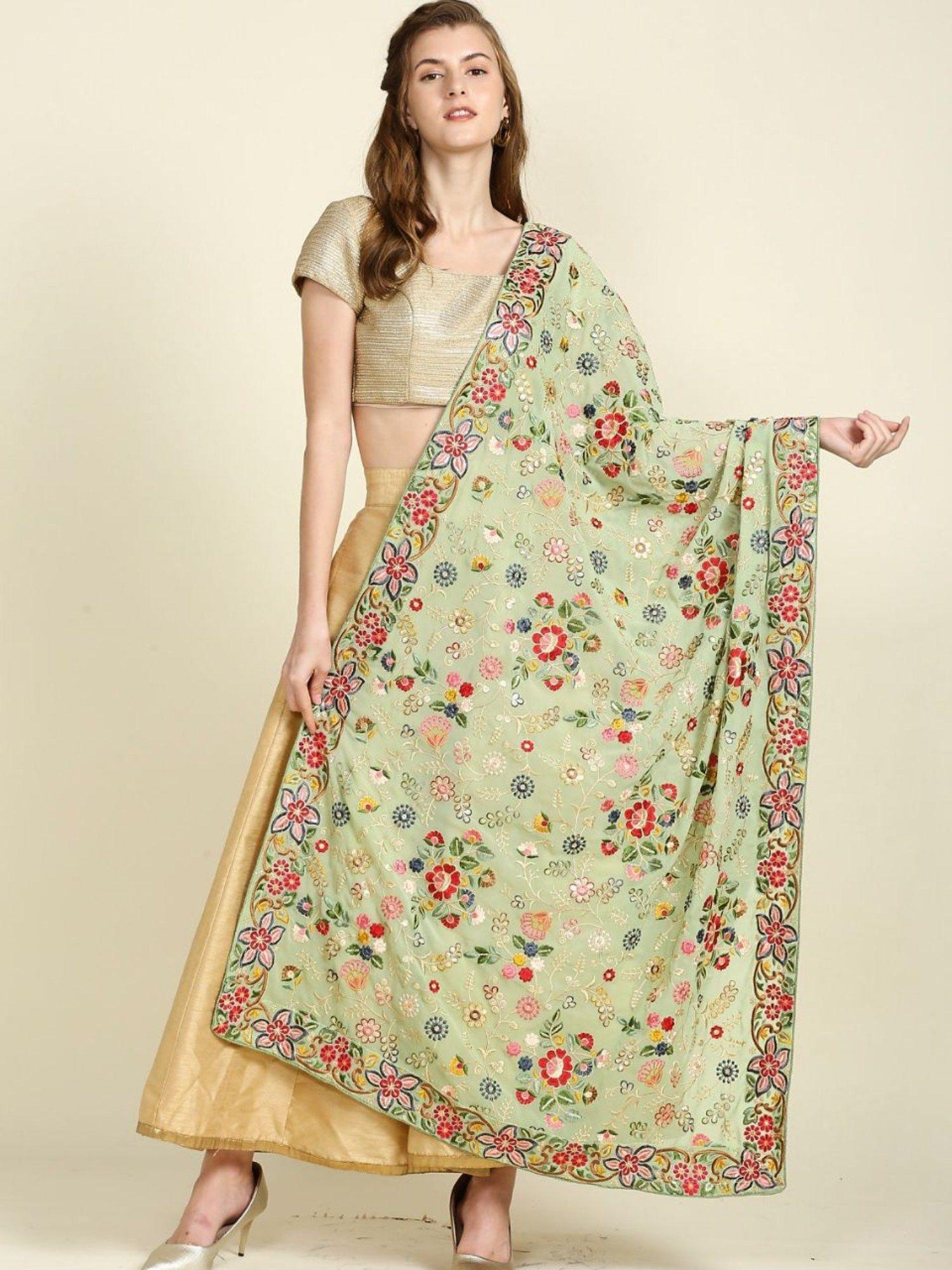 womens multicoloured floral heavily embroidered pastel green georgette dupatta
