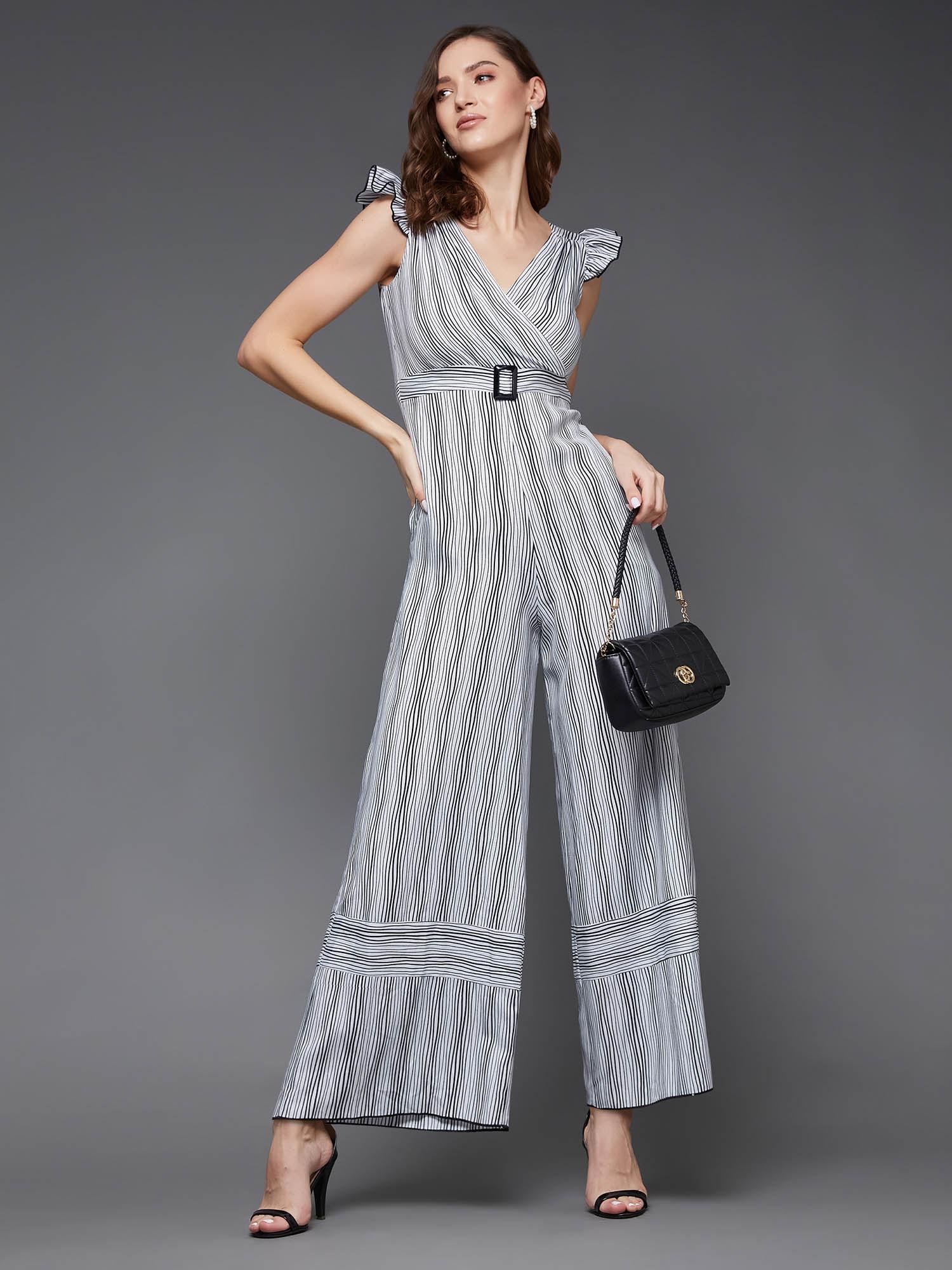 womens multicoloured striped v-neck frill relaxed fit regular jumpsuit