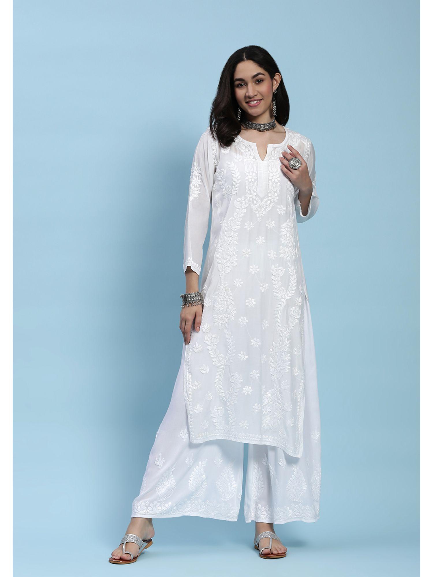 womens muslin embroidered chikankari long kurta - white