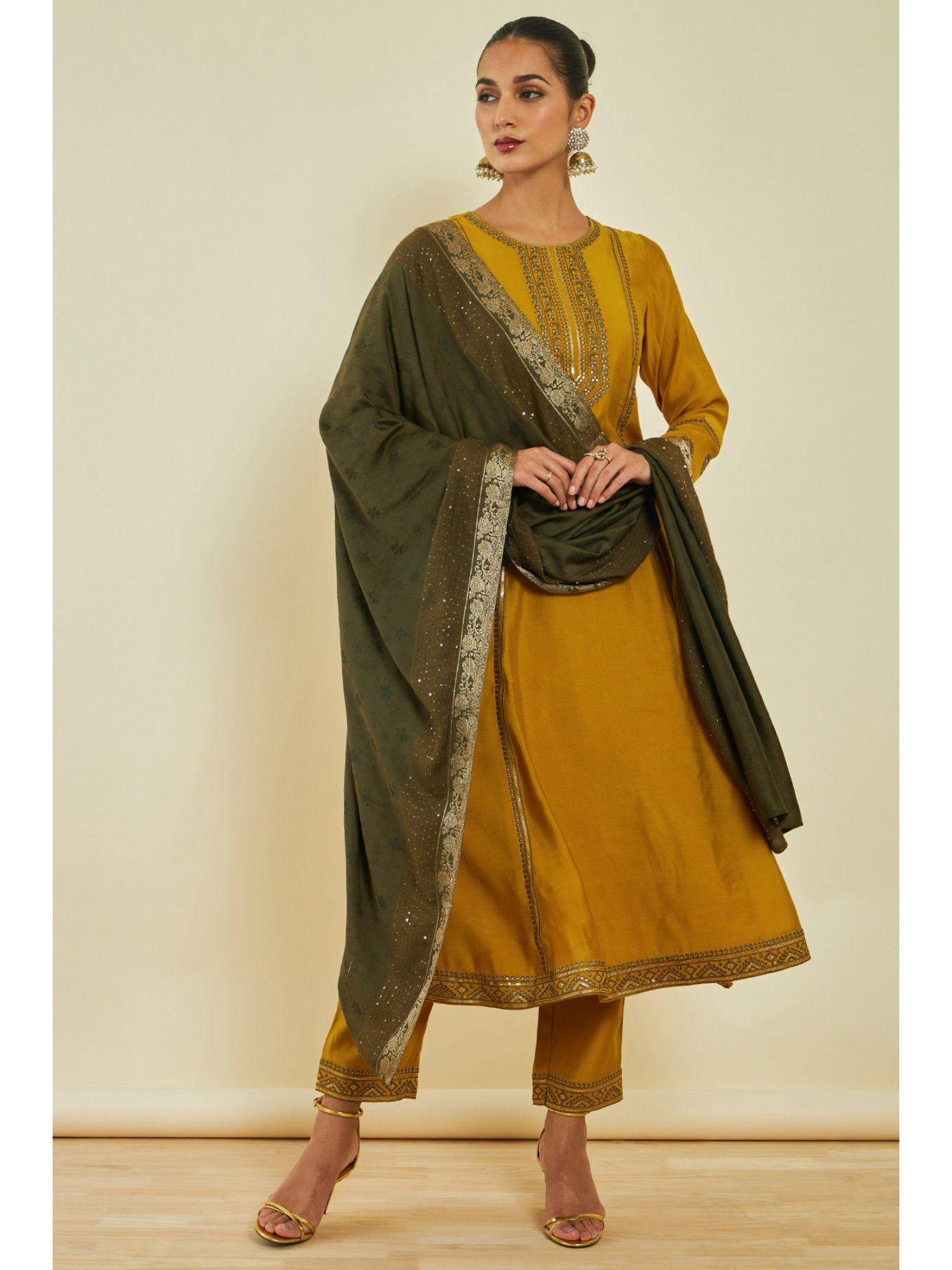 womens mustard chanderi kurta and pant dupatta with embroidery & sequins (set of 3)