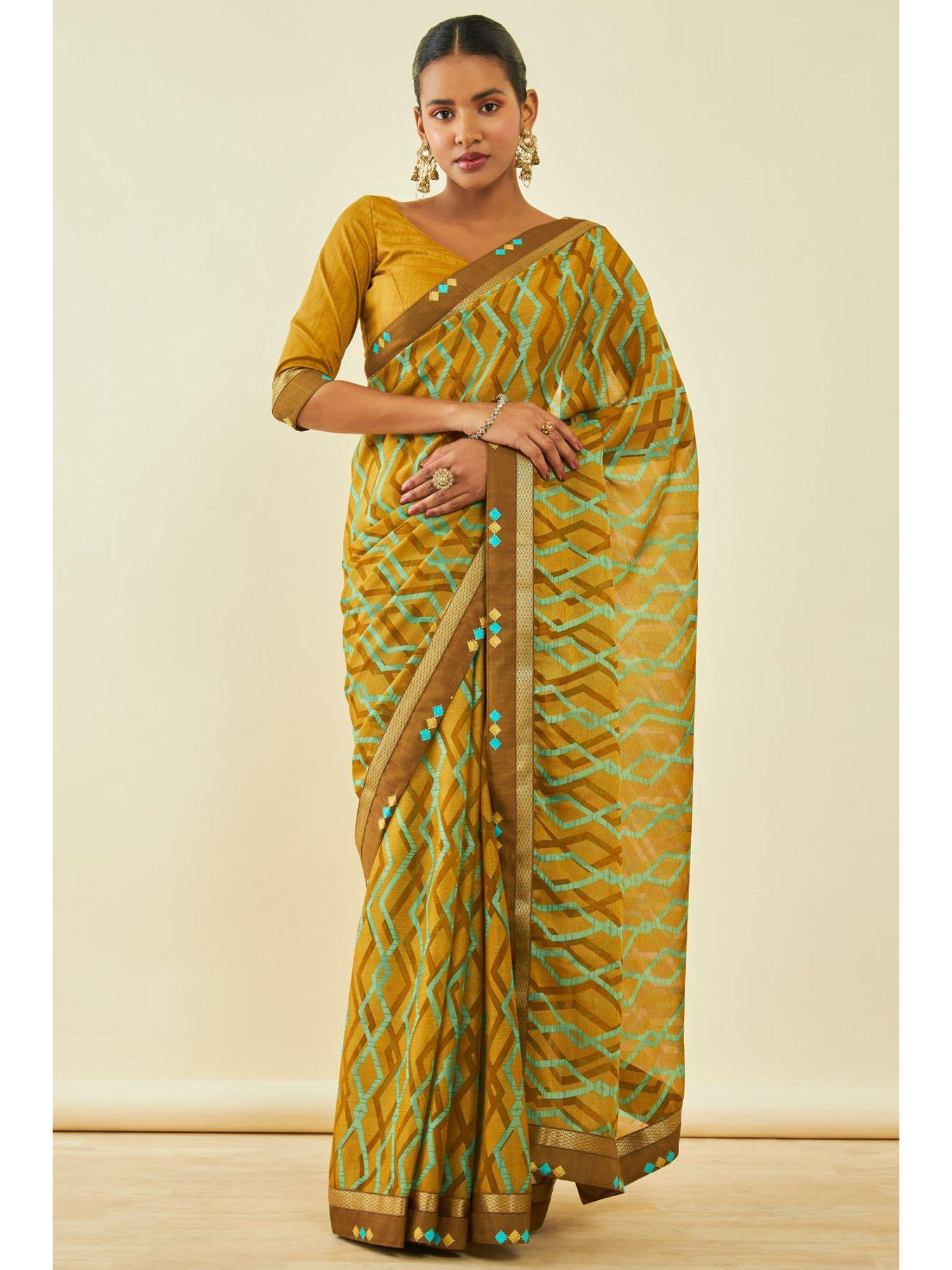 womens mustard chiffon abstract print saree with unstitched blouse