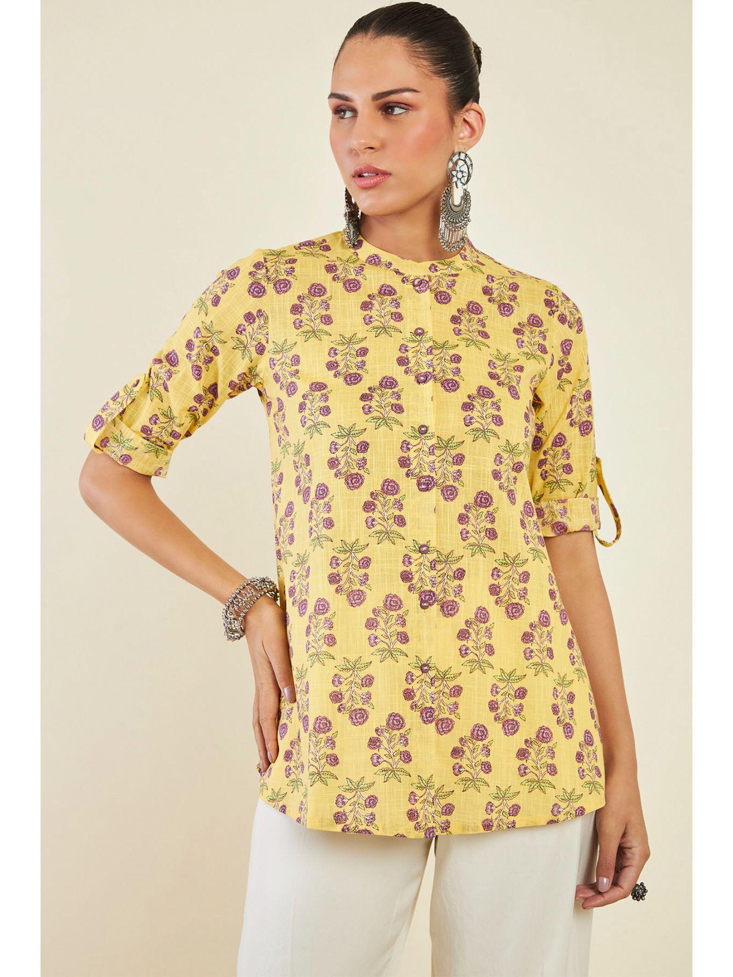 womens mustard cotton floral tunic