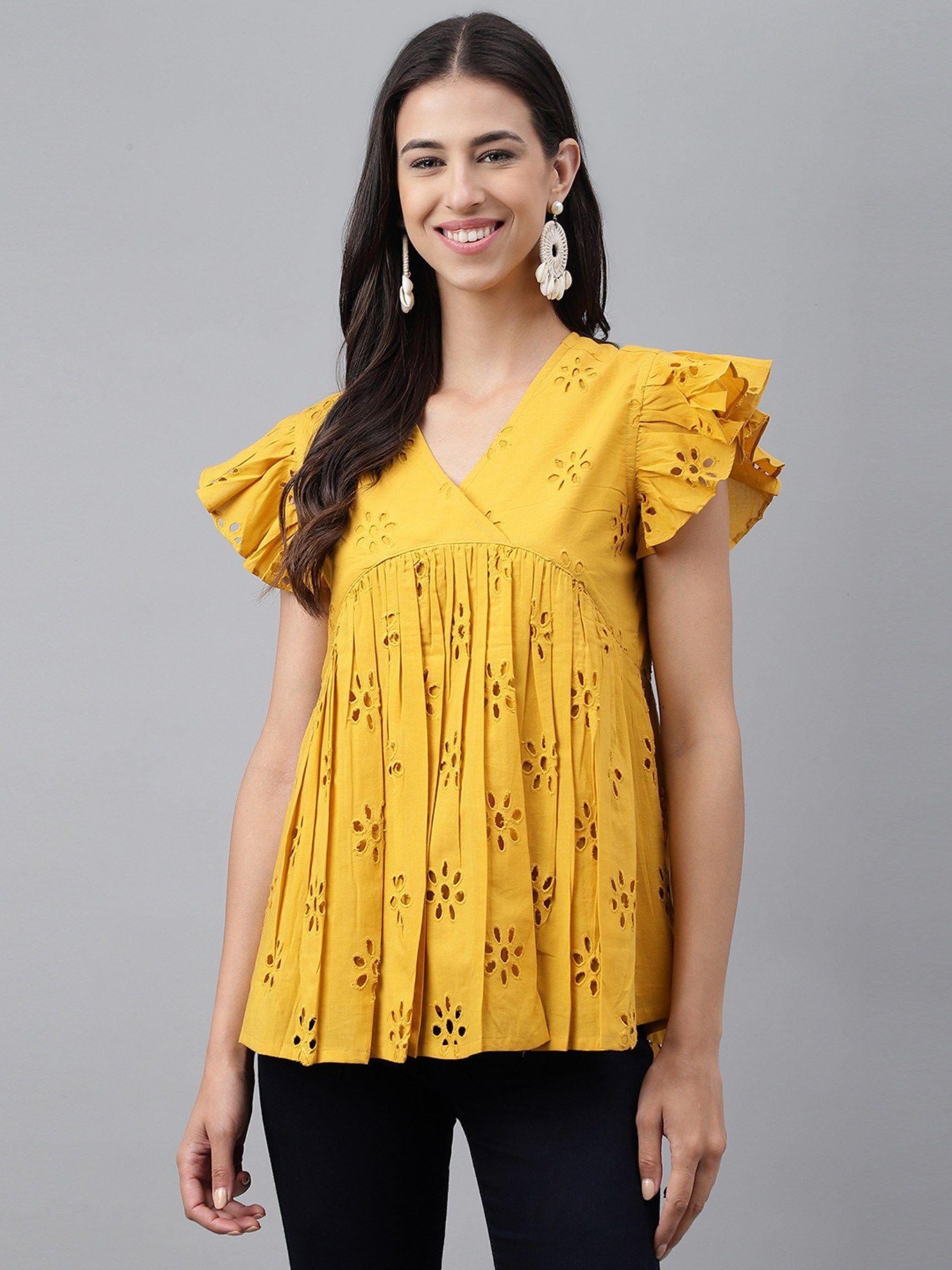 womens mustard cotton schiffli gathered top