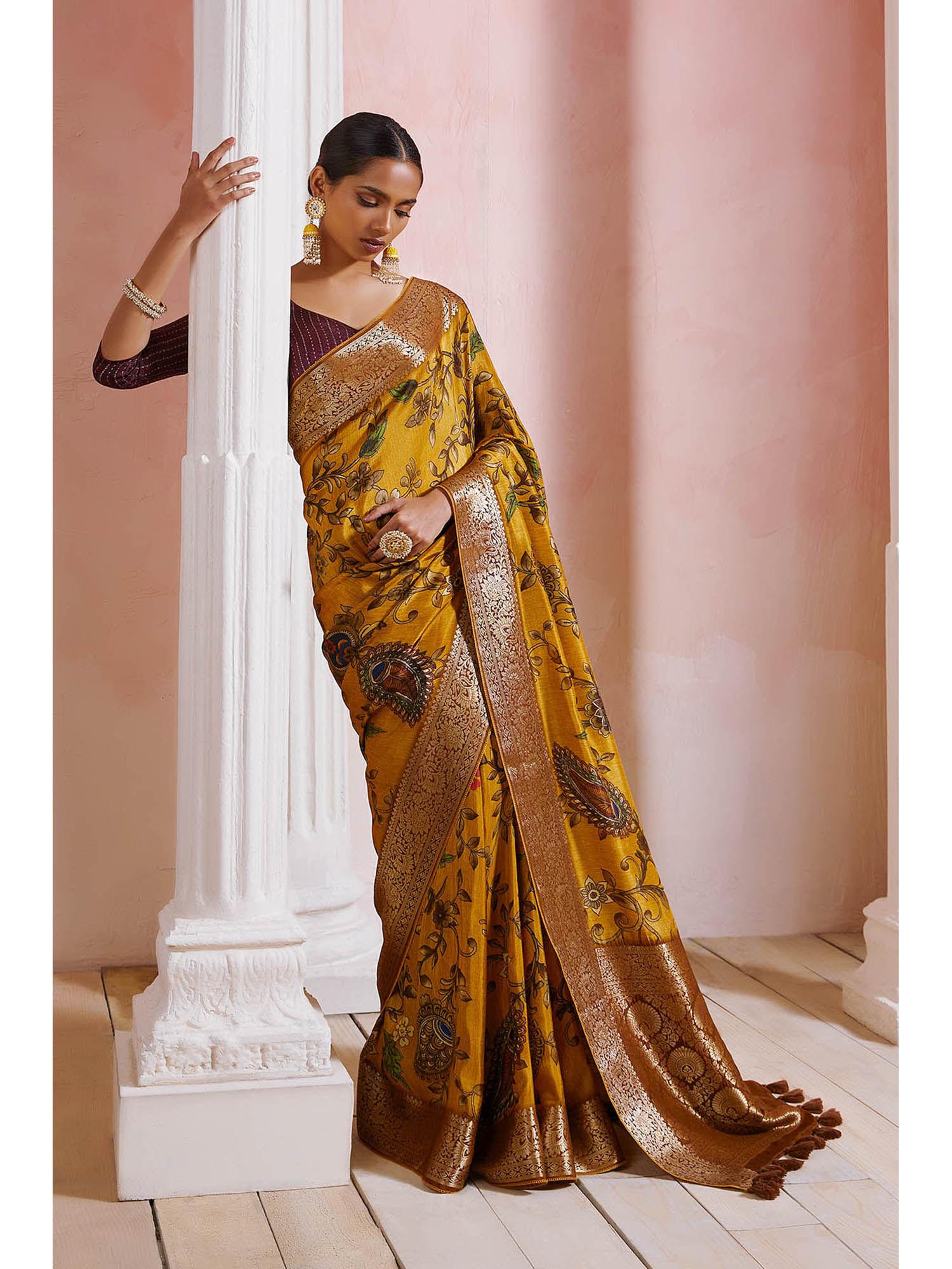 womens mustard crepe floral kalamkari print zari border saree with unstitched blouse