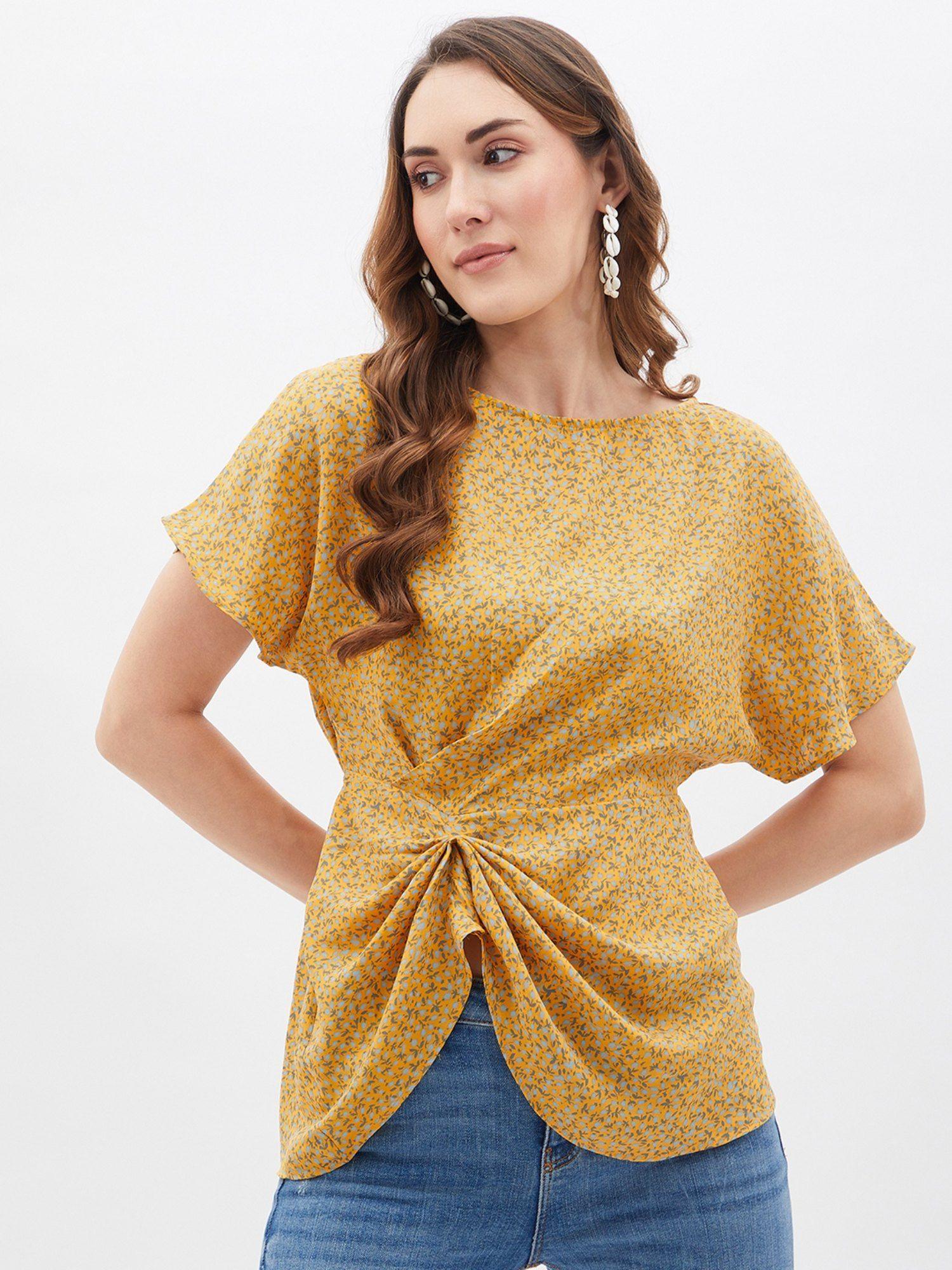womens mustard ditsy print cinched waist blouse