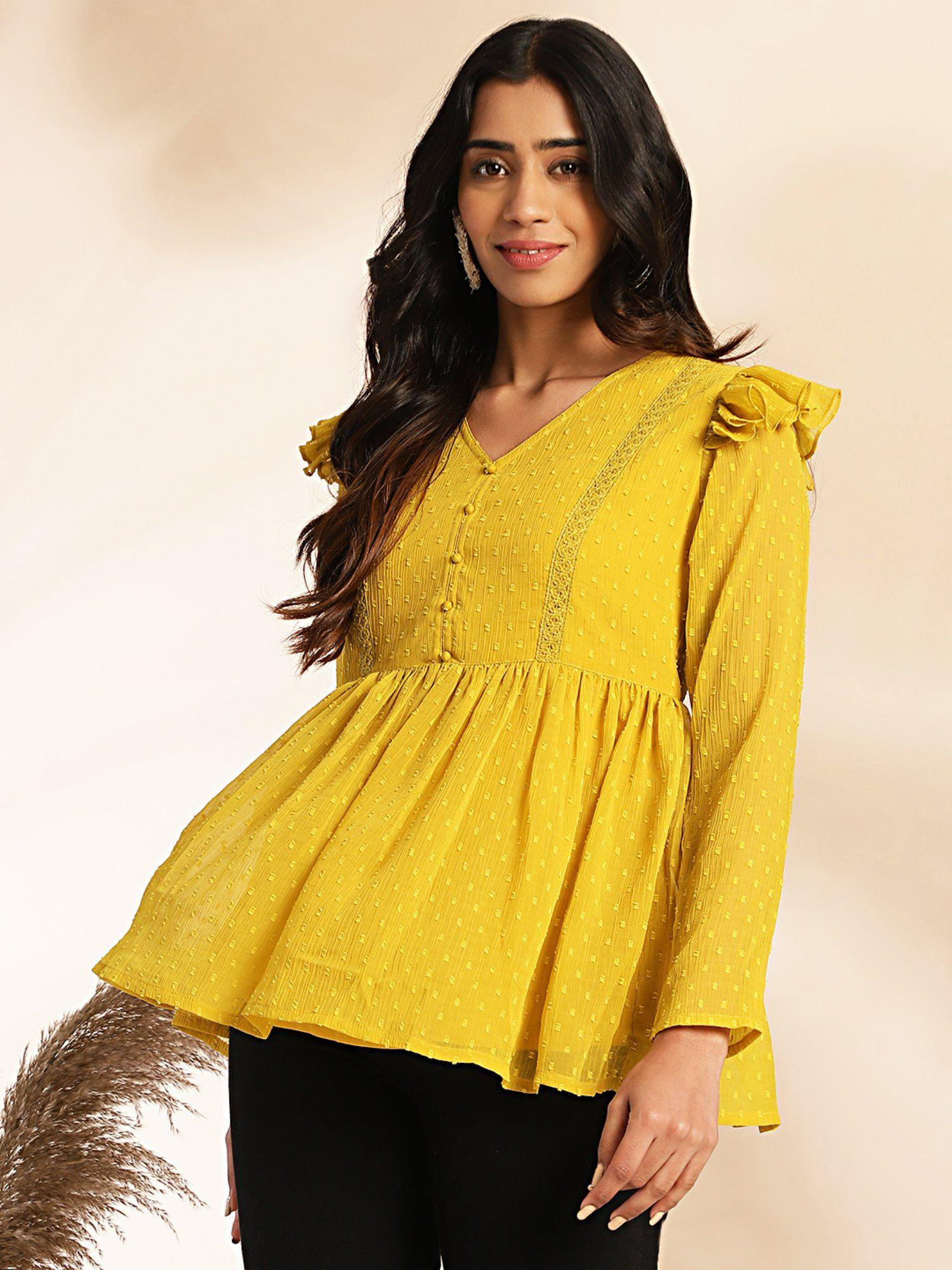 womens mustard dobby chiffon peplum tunic