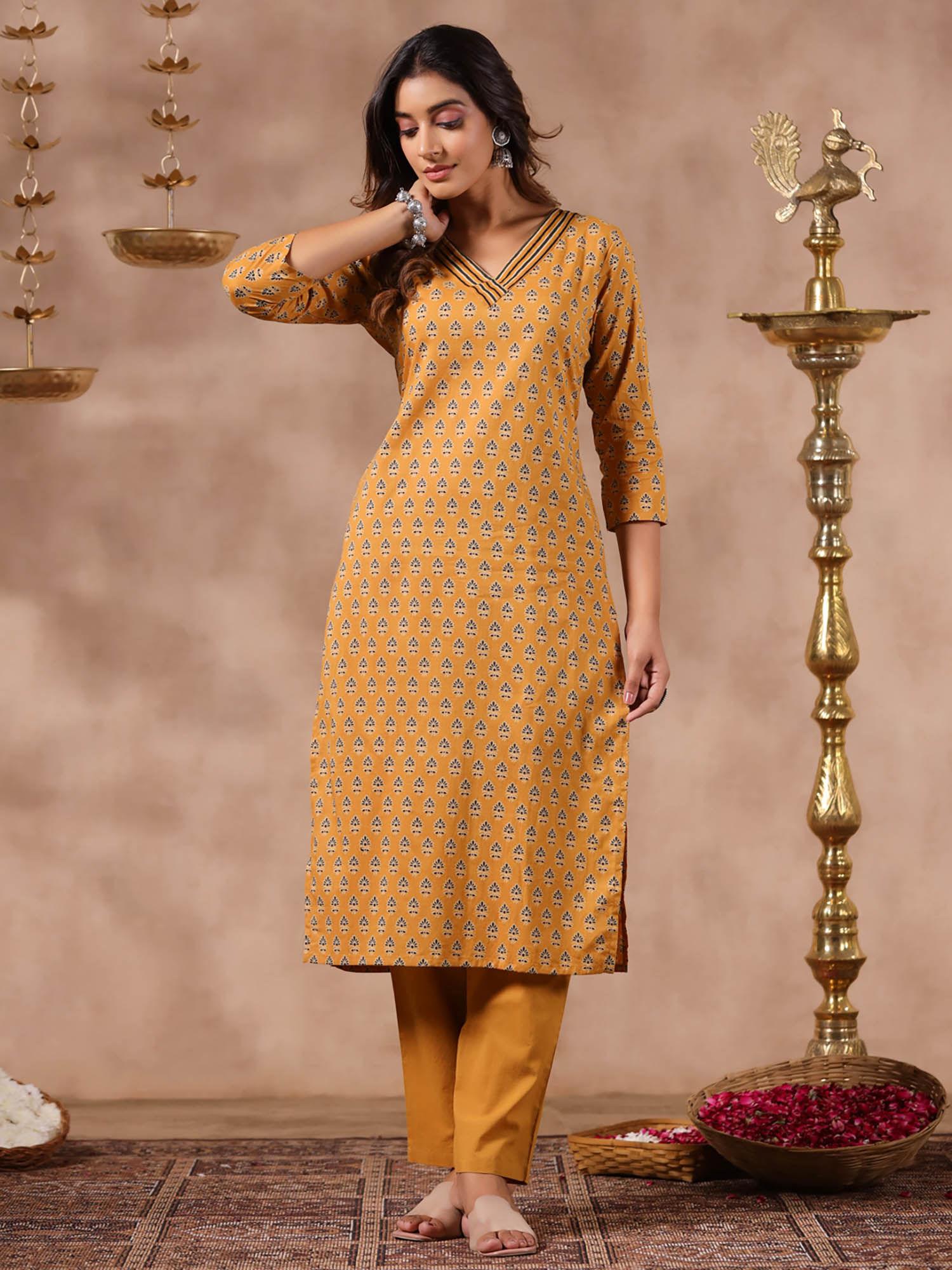 womens mustard ethnic motifs v-neck straight kurta with trouser (set of 2)