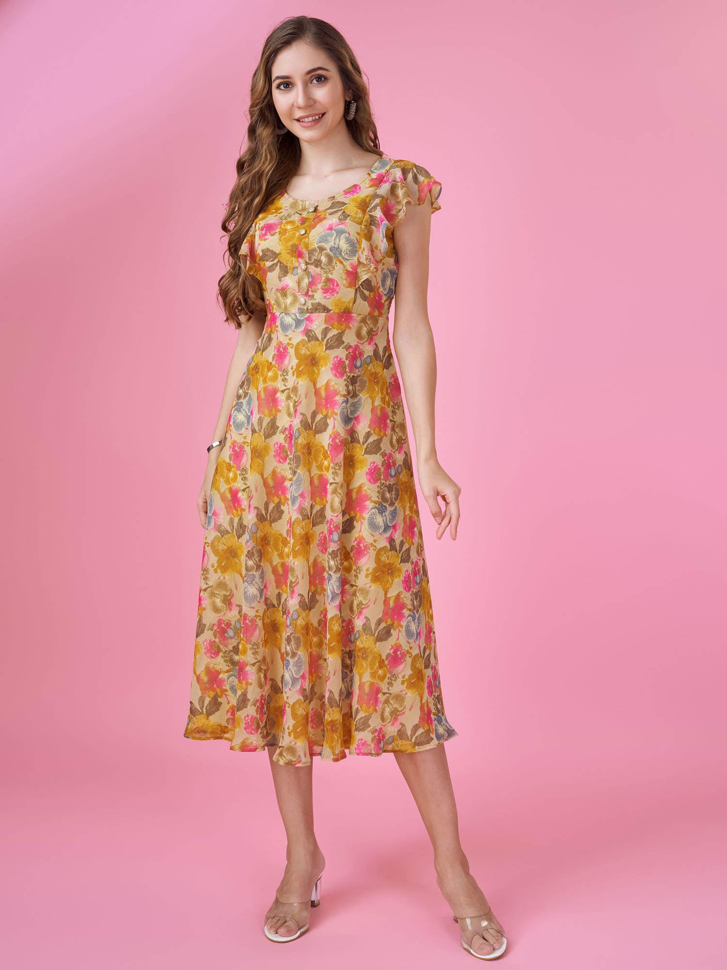 womens mustard georgette floral printed flared dress with ruffles