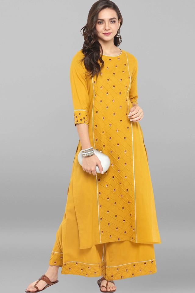 womens mustard pure cotton kurta with palazzo (set097)