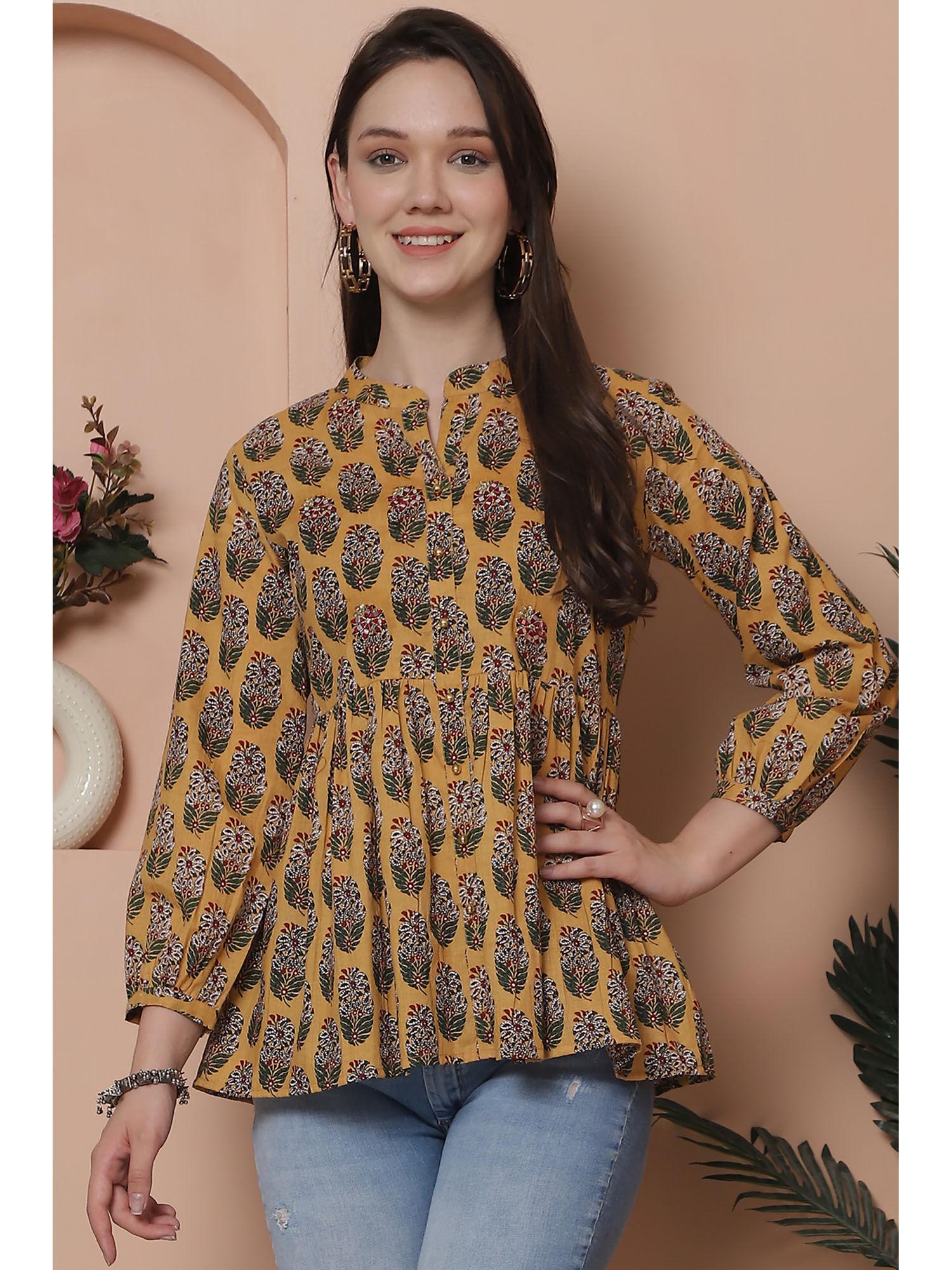 womens mustard pure cotton printed short top