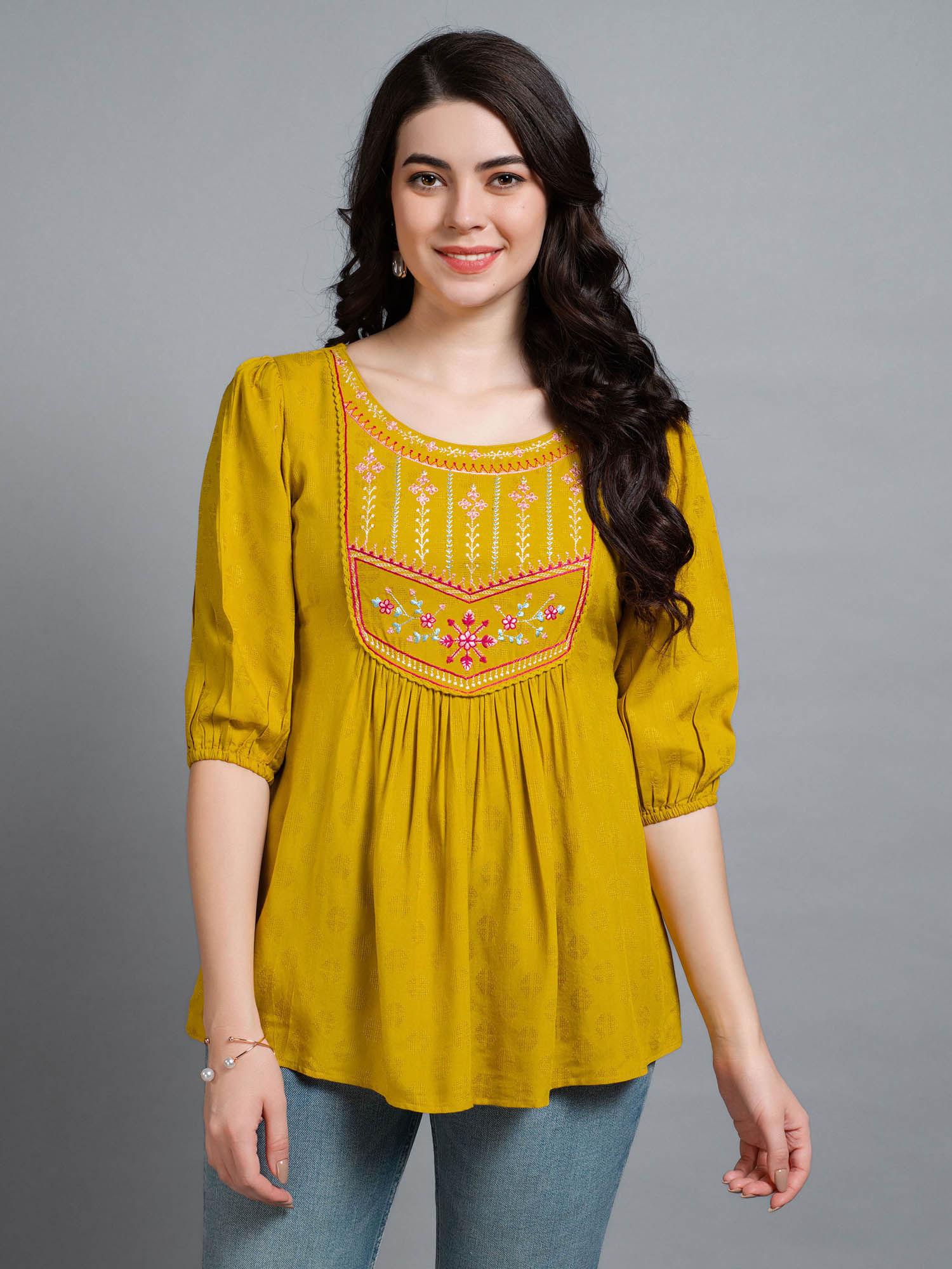 womens mustard pure viscose rayon floral embroidered a-line top