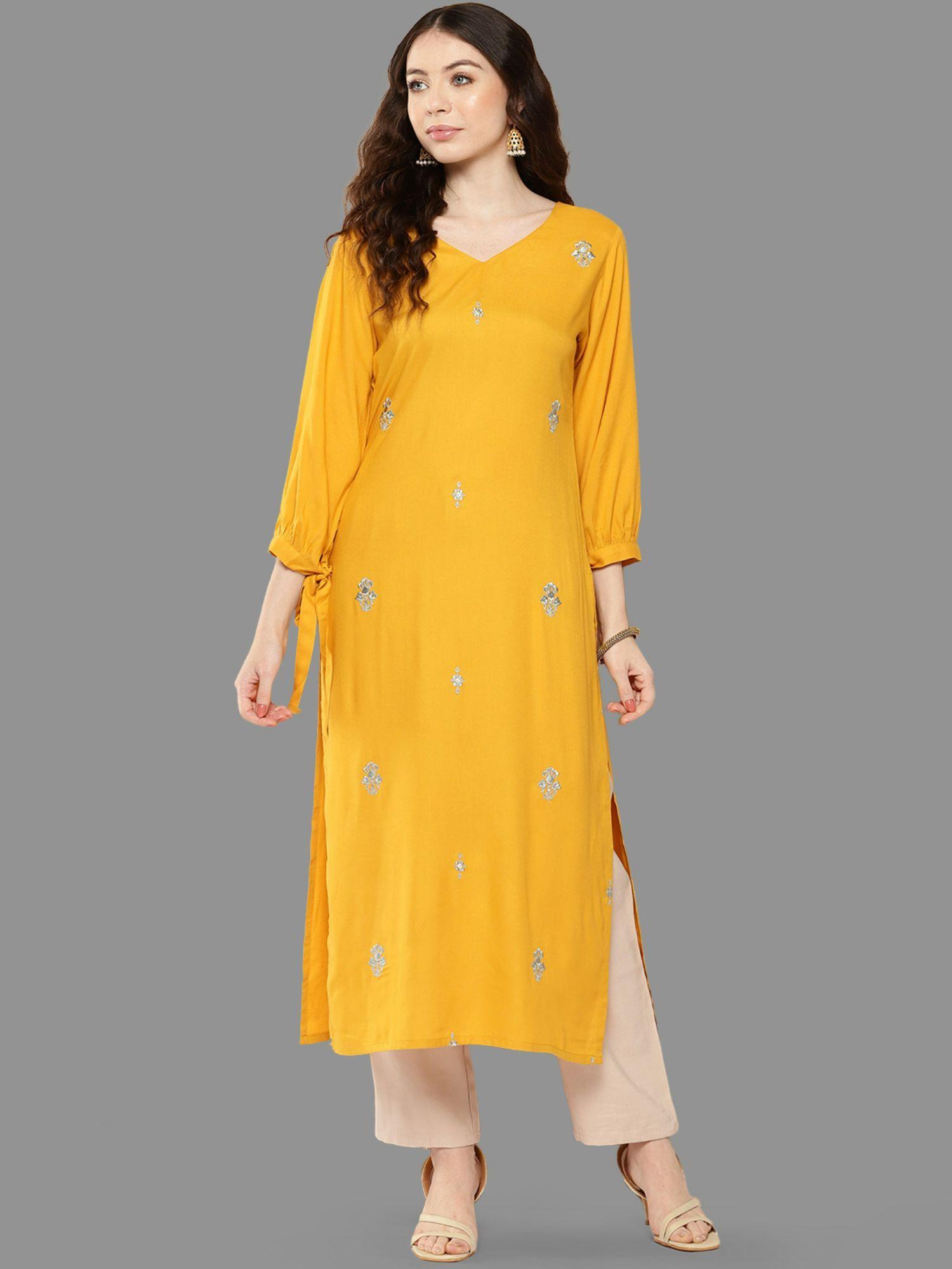 womens mustard rayon embroidered straight kurta