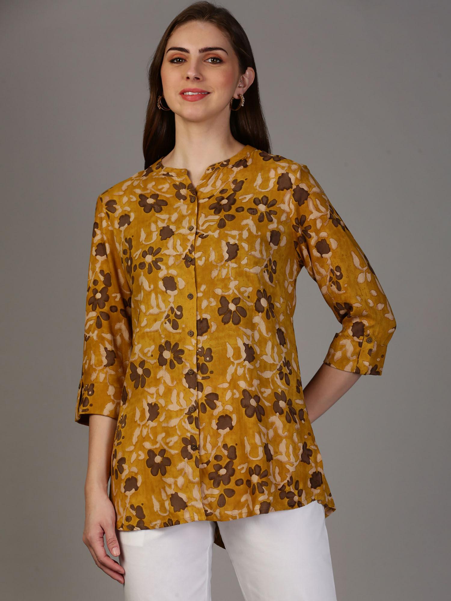 womens mustard rayon floral printed tunic