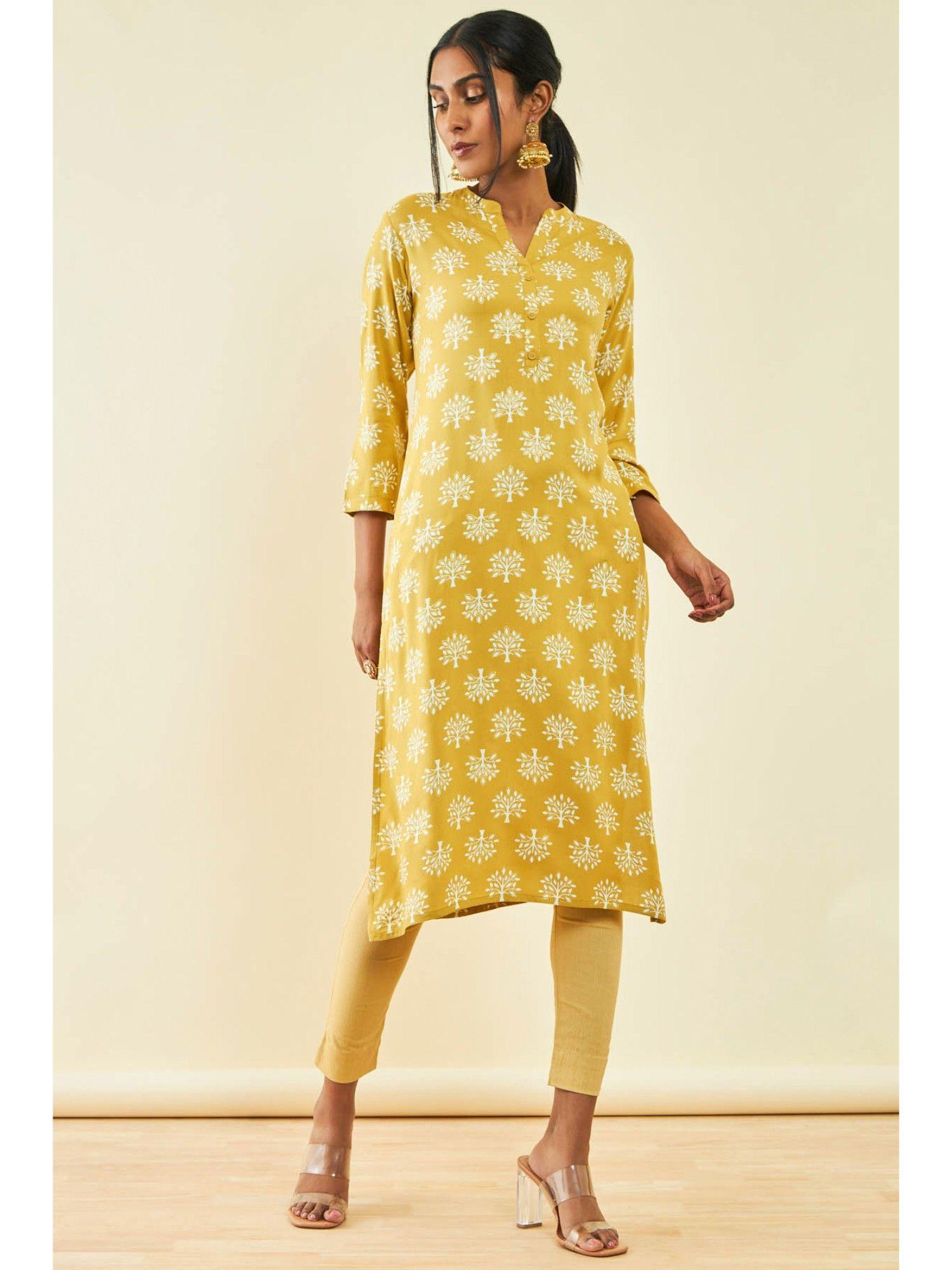 womens mustard rayon foil print kurta