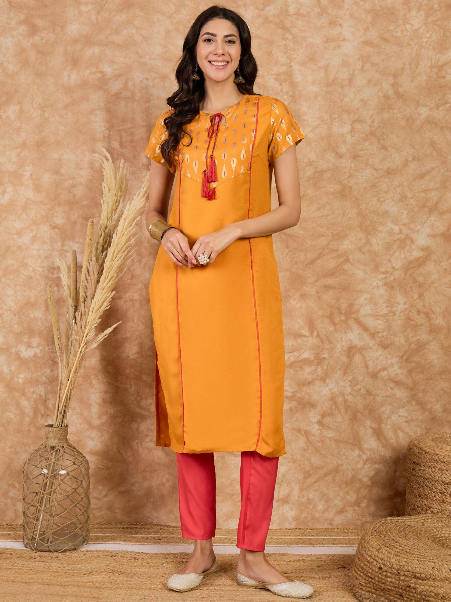 womens mustard rayon kurta and pant (set of 2)