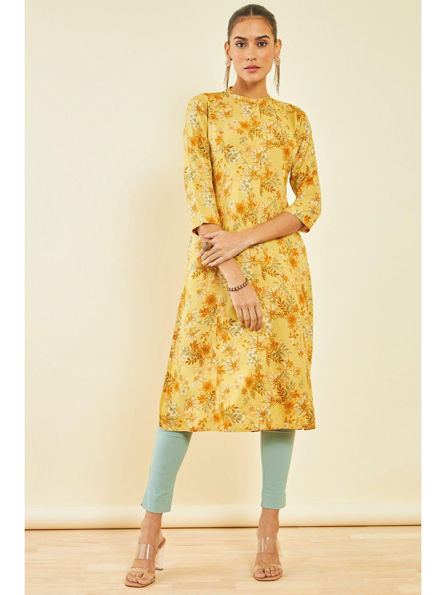 womens mustard rayon kurta with floral and foliage print