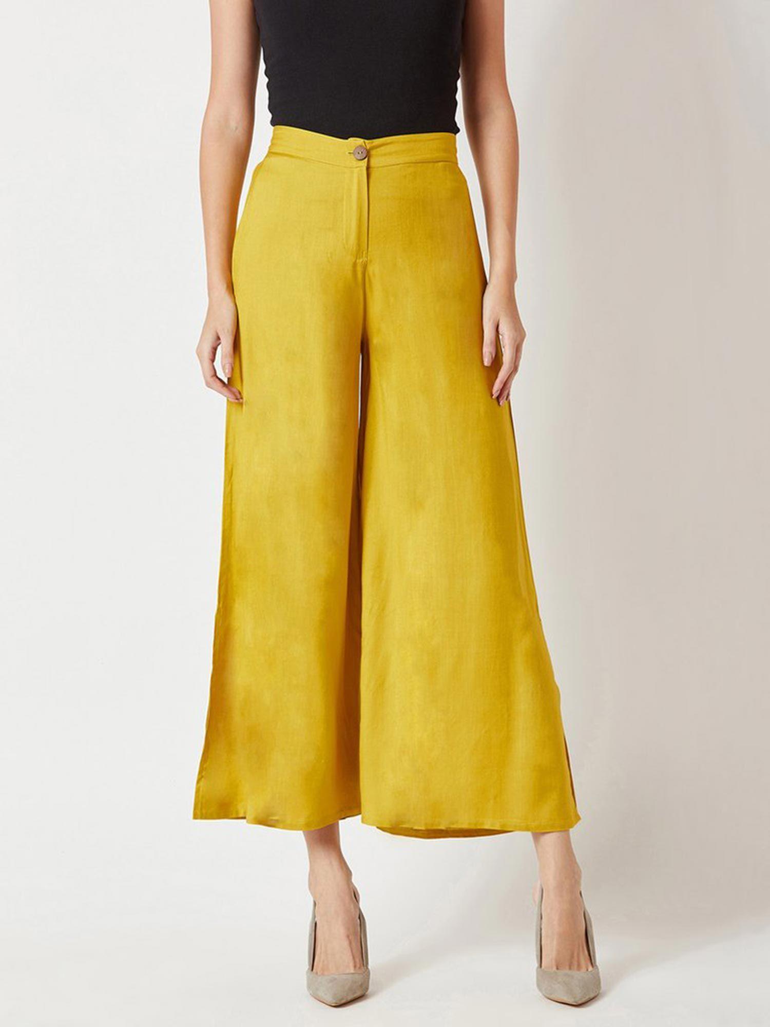 womens mustard relaxed fit solid wide leg regular length trousers