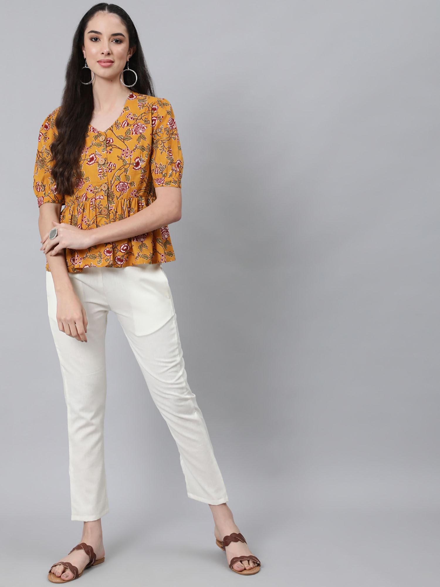 womens mustard white printed top with trousers (set of 2)