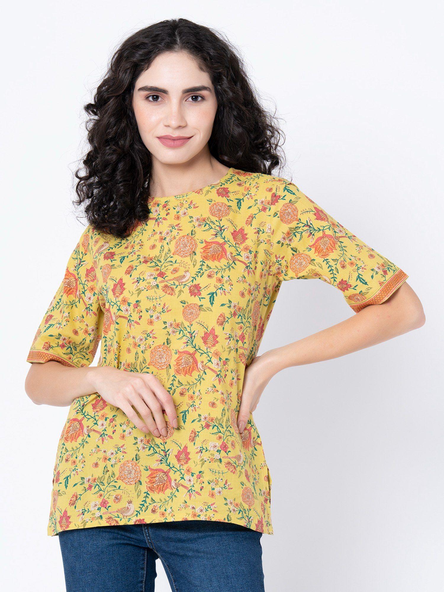 womens mustard yellow floral print blouse tunic