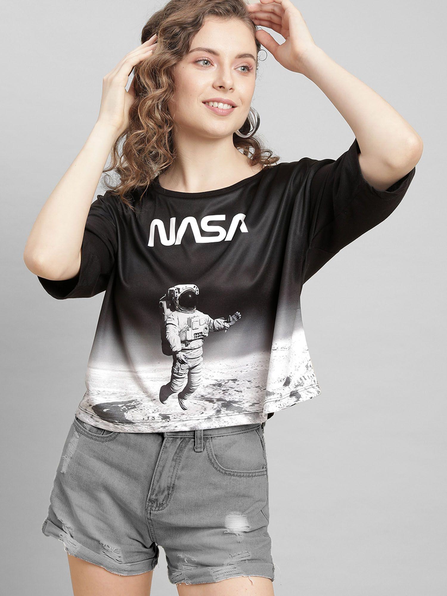 womens nasa printed half sleeve black t-shirt