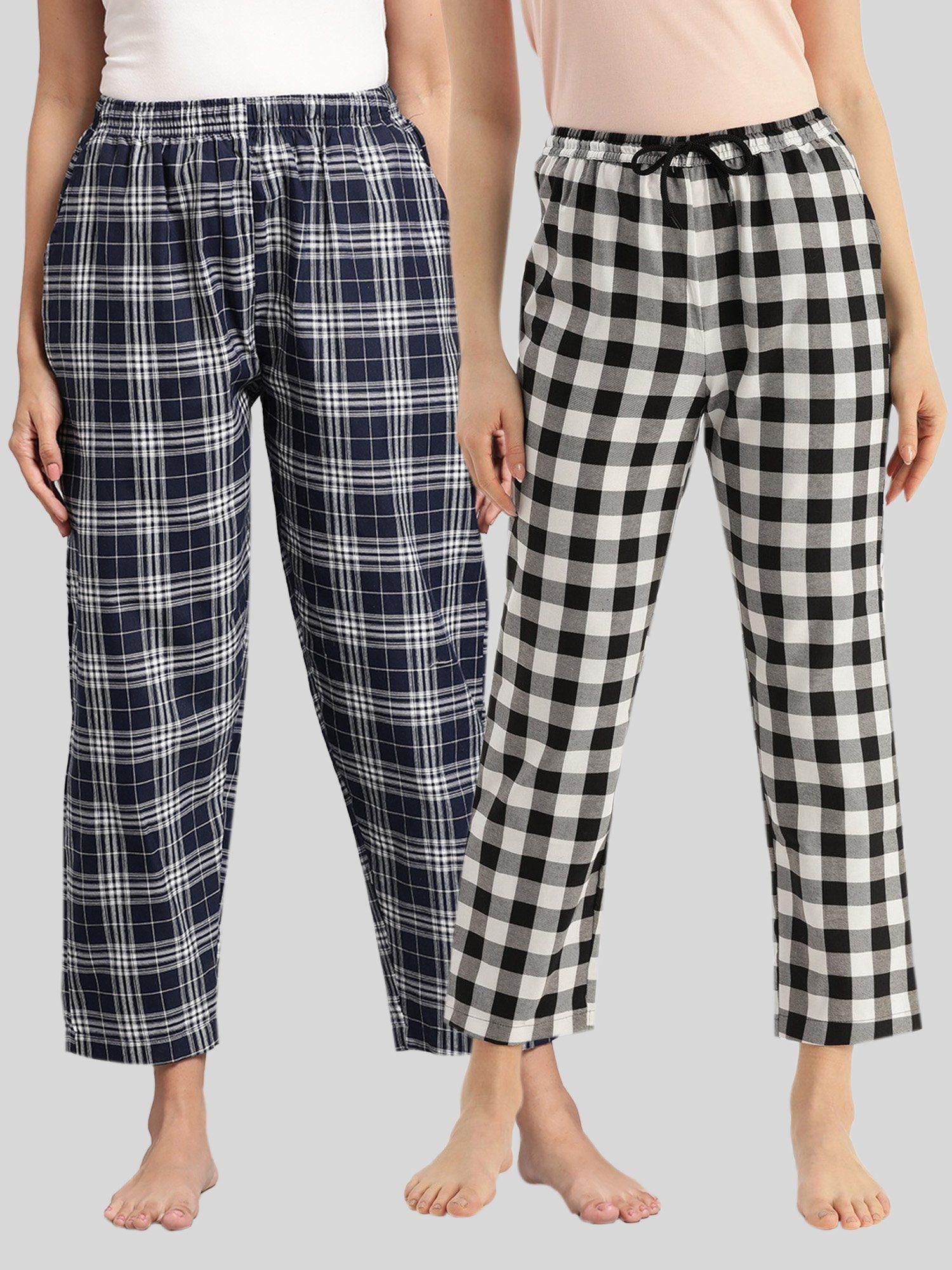 womens navy & black cotton check lounge pajamas (pack of 2)