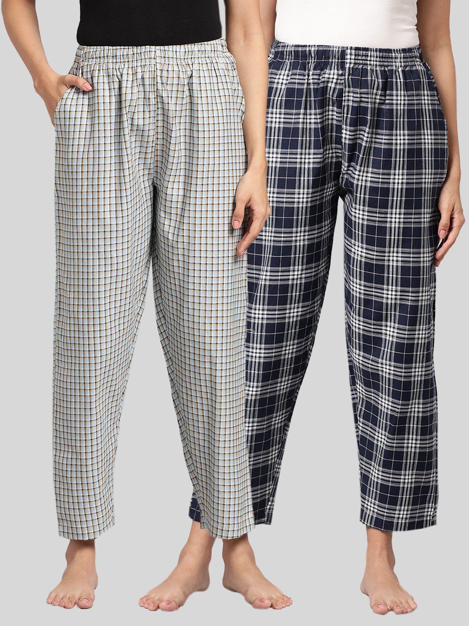 womens navy & blue cotton check lounge pajamas (pack of 2)