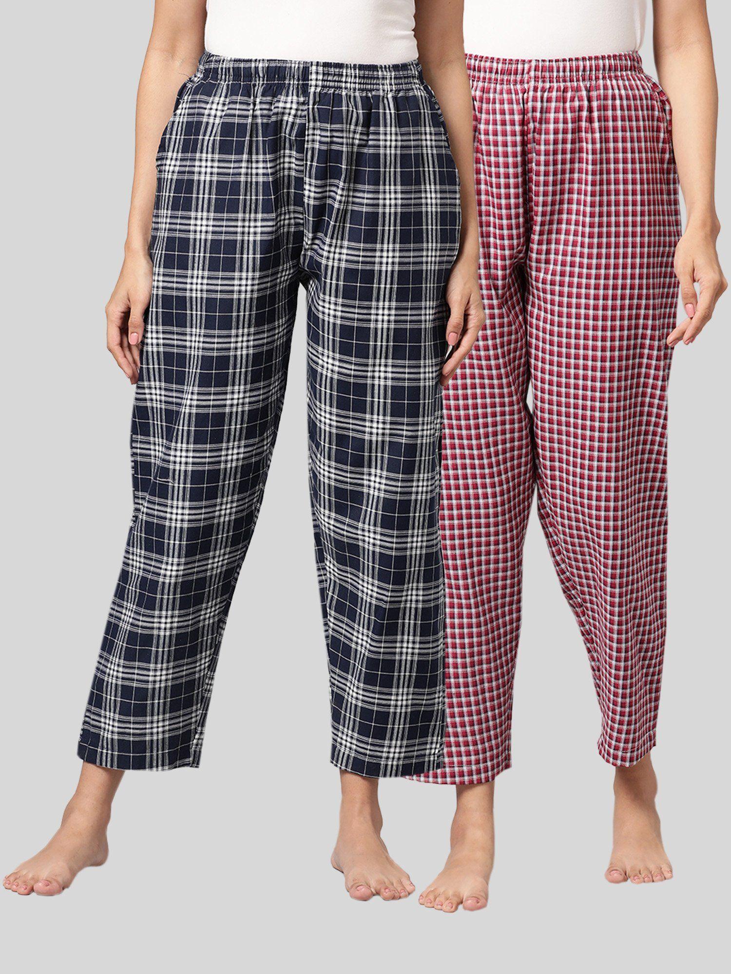 womens navy & maroon cotton check lounge pajamas (pack of 2)