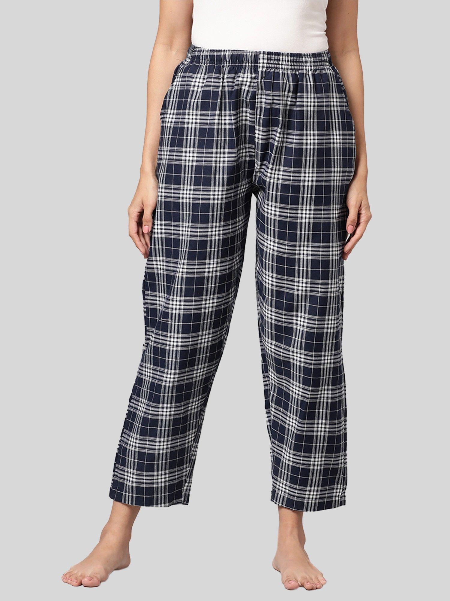 womens navy 100 percent cotton woven checked regular fit pyjama