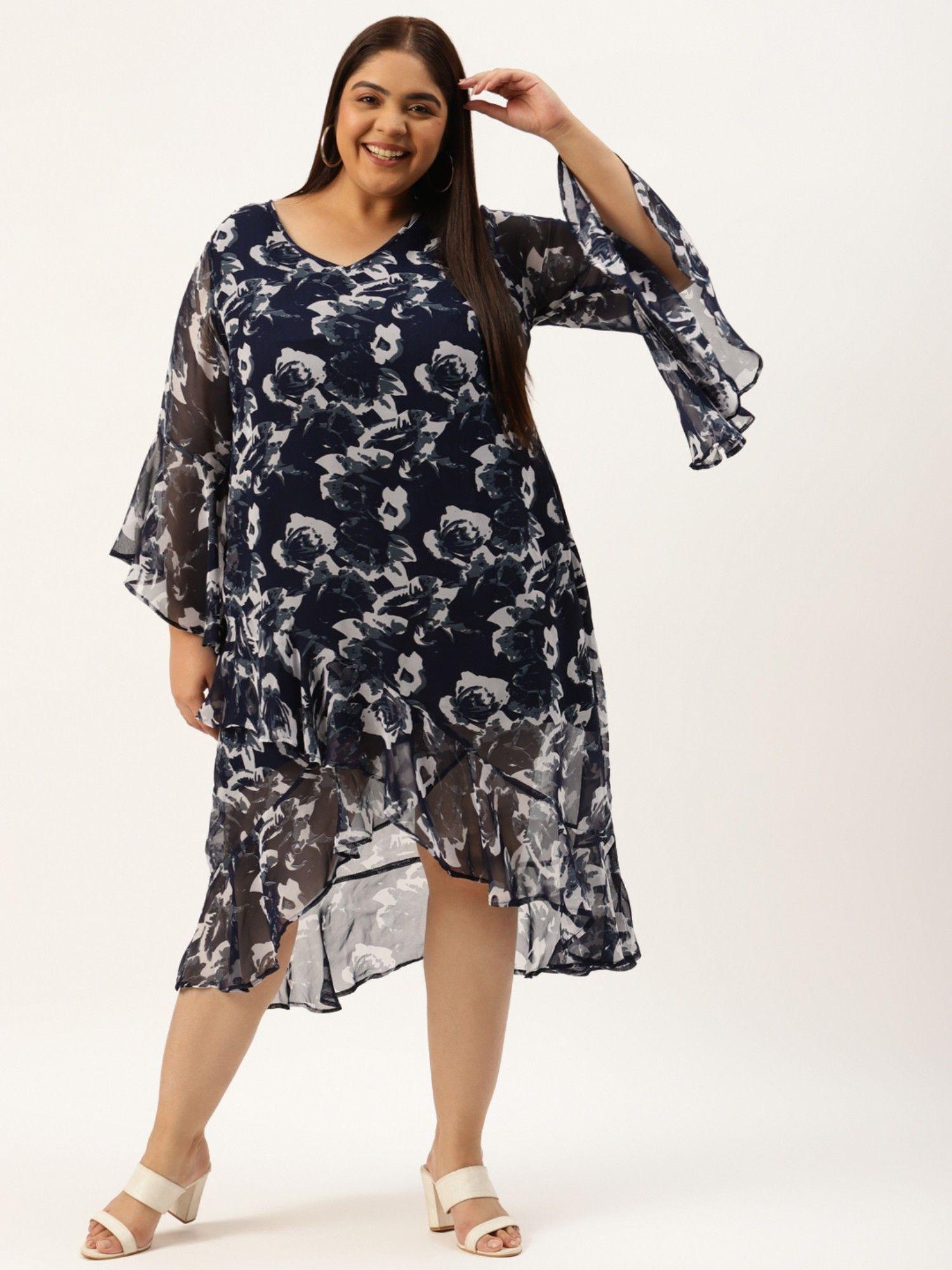 womens navy andoff white floral printed georgette a-line midi dress